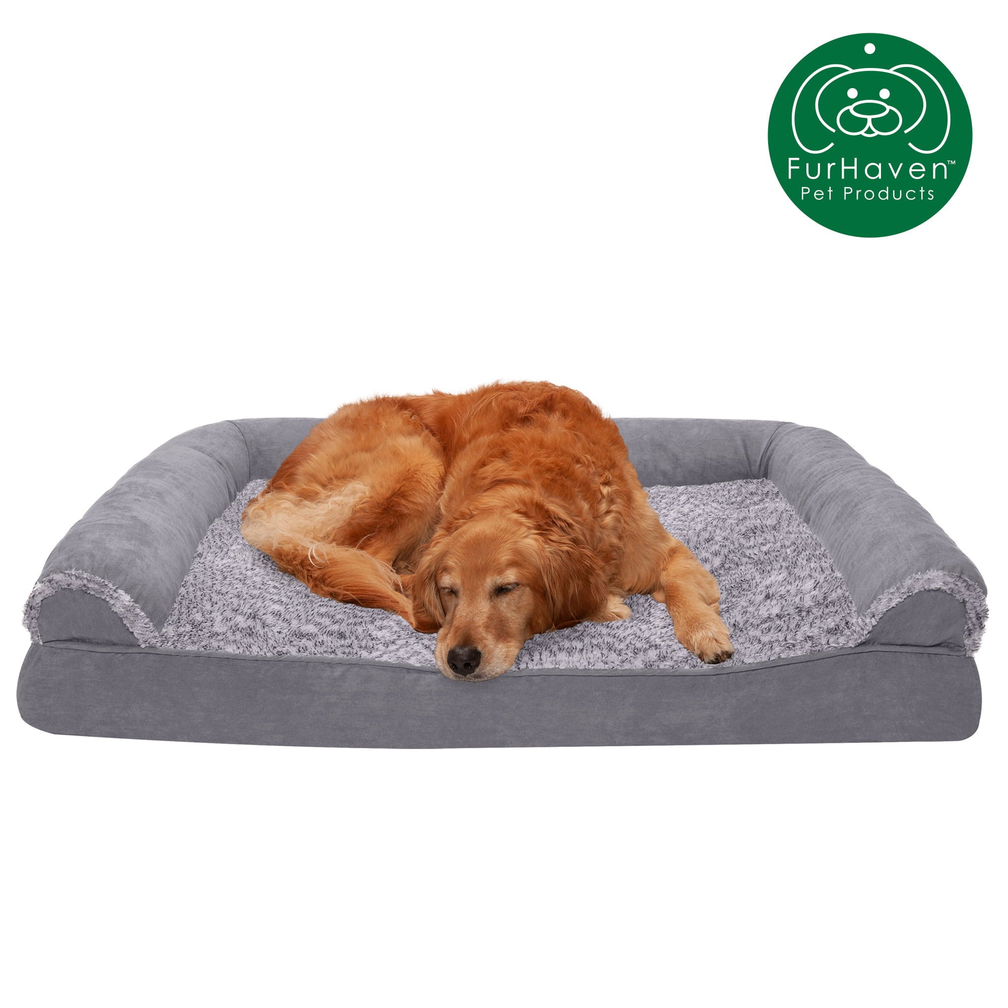 FurHaven Pet Products | Cooling Gel Memory Foam Orthopedic Two-Tone Faux Fur and Suede Sofa-Style Couch Pet Bed for Dogs and Cats， Stone Gray， Jumbo