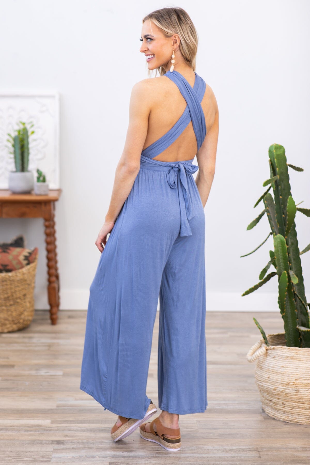 Dusty Blue Convertible Strap Wide Leg Jumpsuit