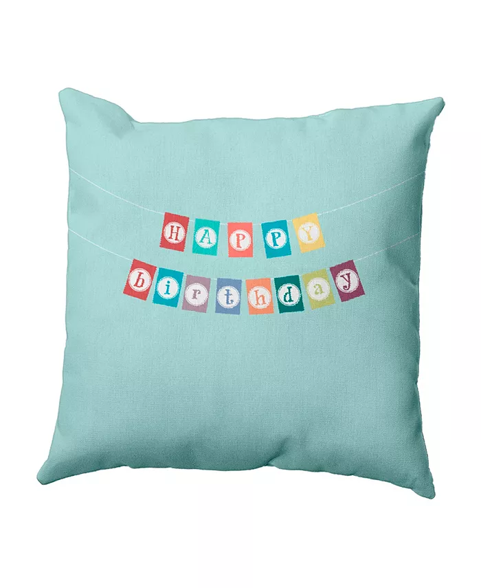 E by Design Happy Birthday 16 Inch Aqua Decorative Birthday Word Print Throw Pillow