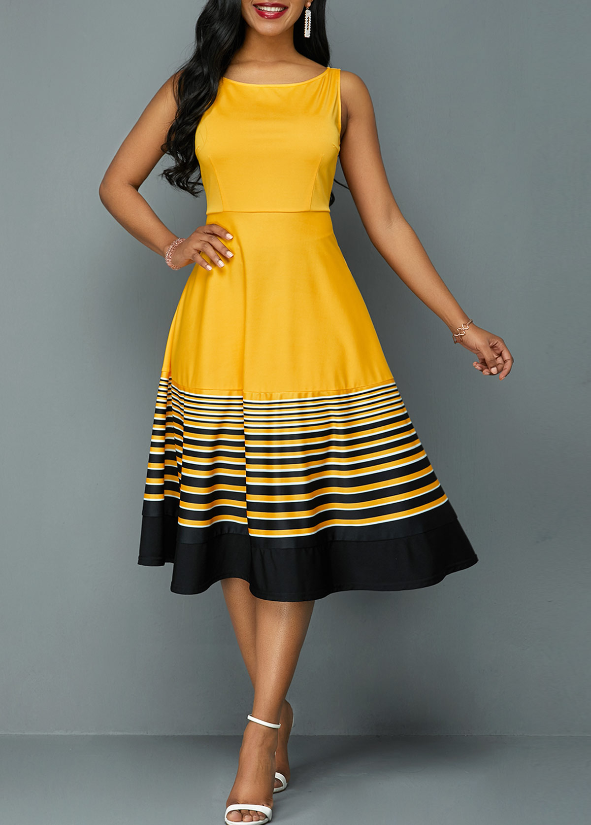 Round Neck Stripe Print High Waist Dress