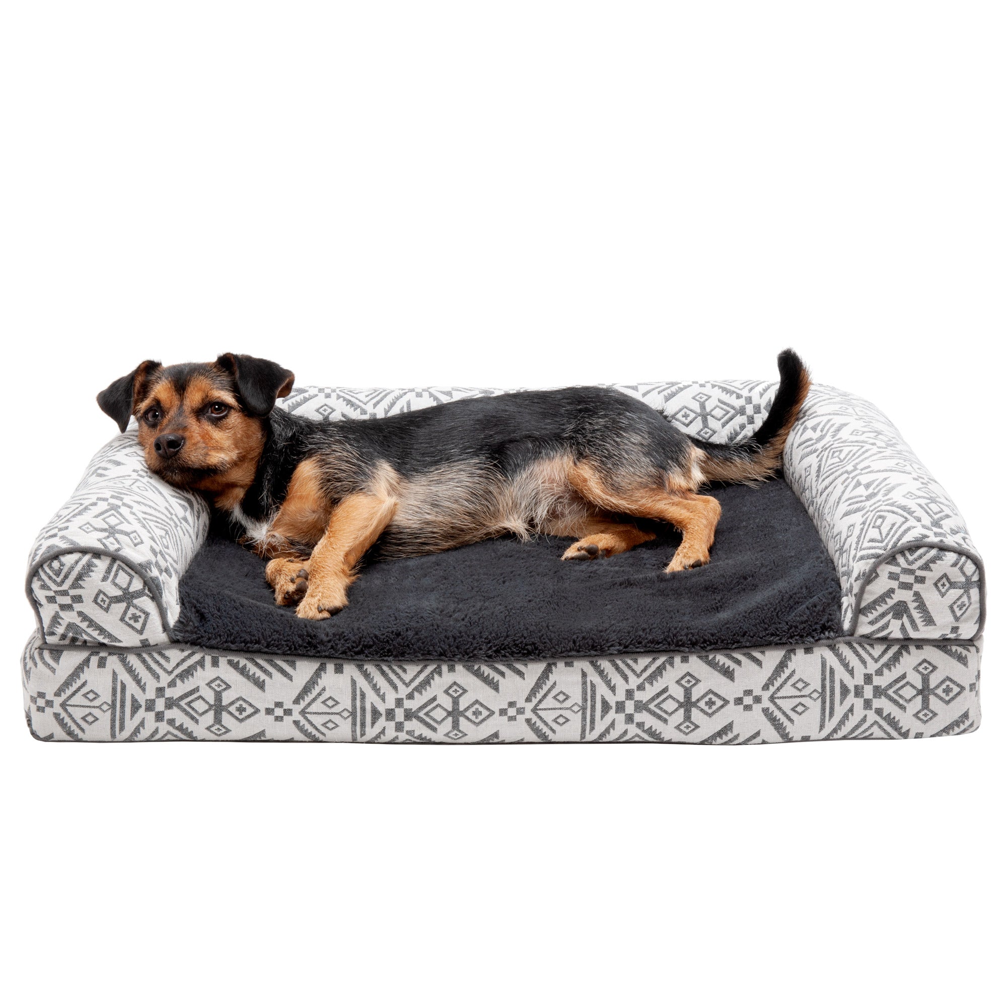 FurHaven Pet Products | Cooling Gel Memory Foam Orthopedic Southwest Kilim Sofa-Style Couch Pet Bed for Dogs and Cats， Boulder Gray， Medium