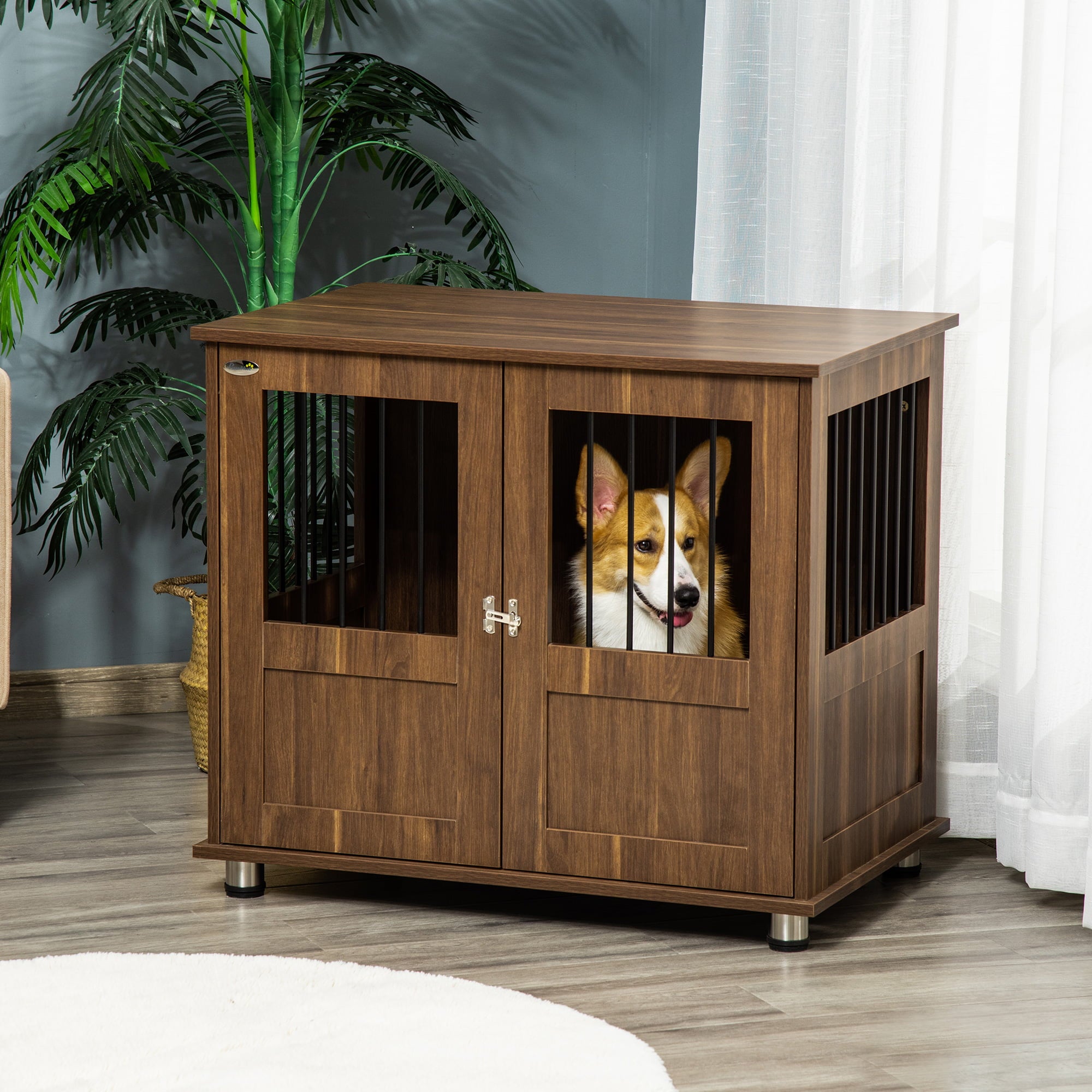 PawHut Furniture Style Dog Crate， Wooden and Wire End Table， Small and Medium Pet Crate with Magnetic Double Door Indoor Decorative Dog Kennel Cage， Brown