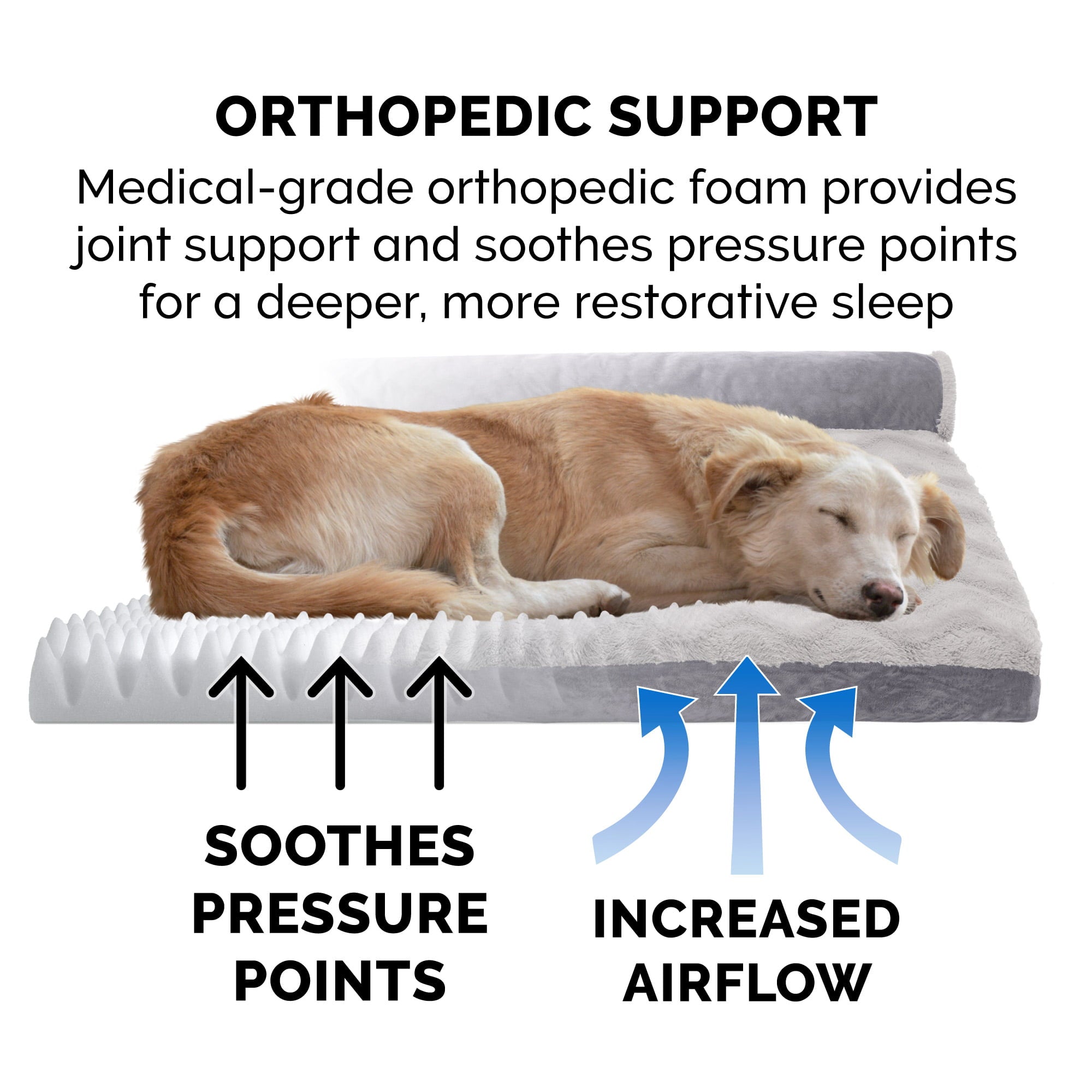 FurHaven | Deluxe Orthopedic Wave Fur and Velvet L-Chaise Lounge Pet Bed for Dogs and Cats， Granite Gray， Jumbo