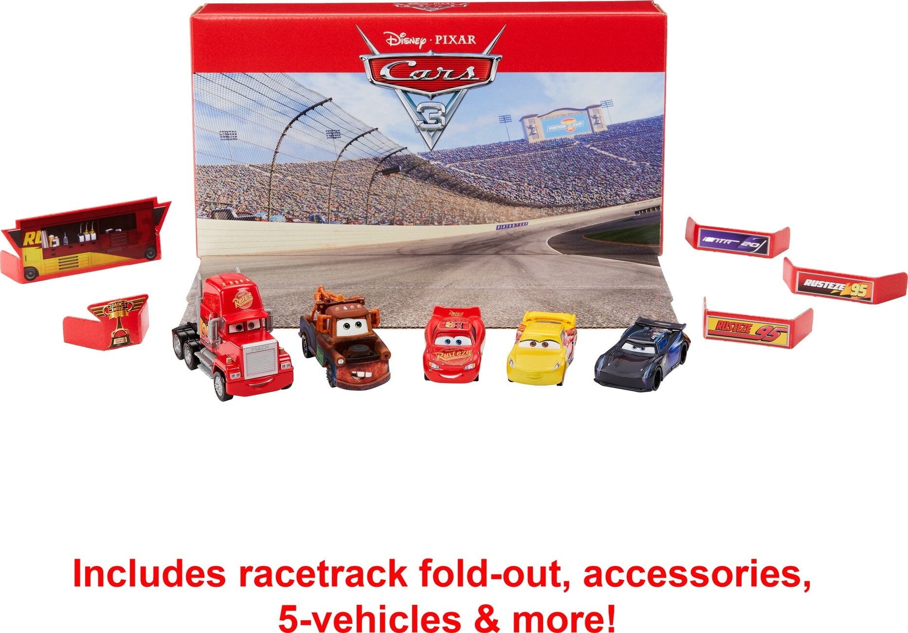 Disney and Pixar Cars 3 Vehicle 5-Pack Collection， Set of 4 Toy Character Cars and 1 Mack Truck