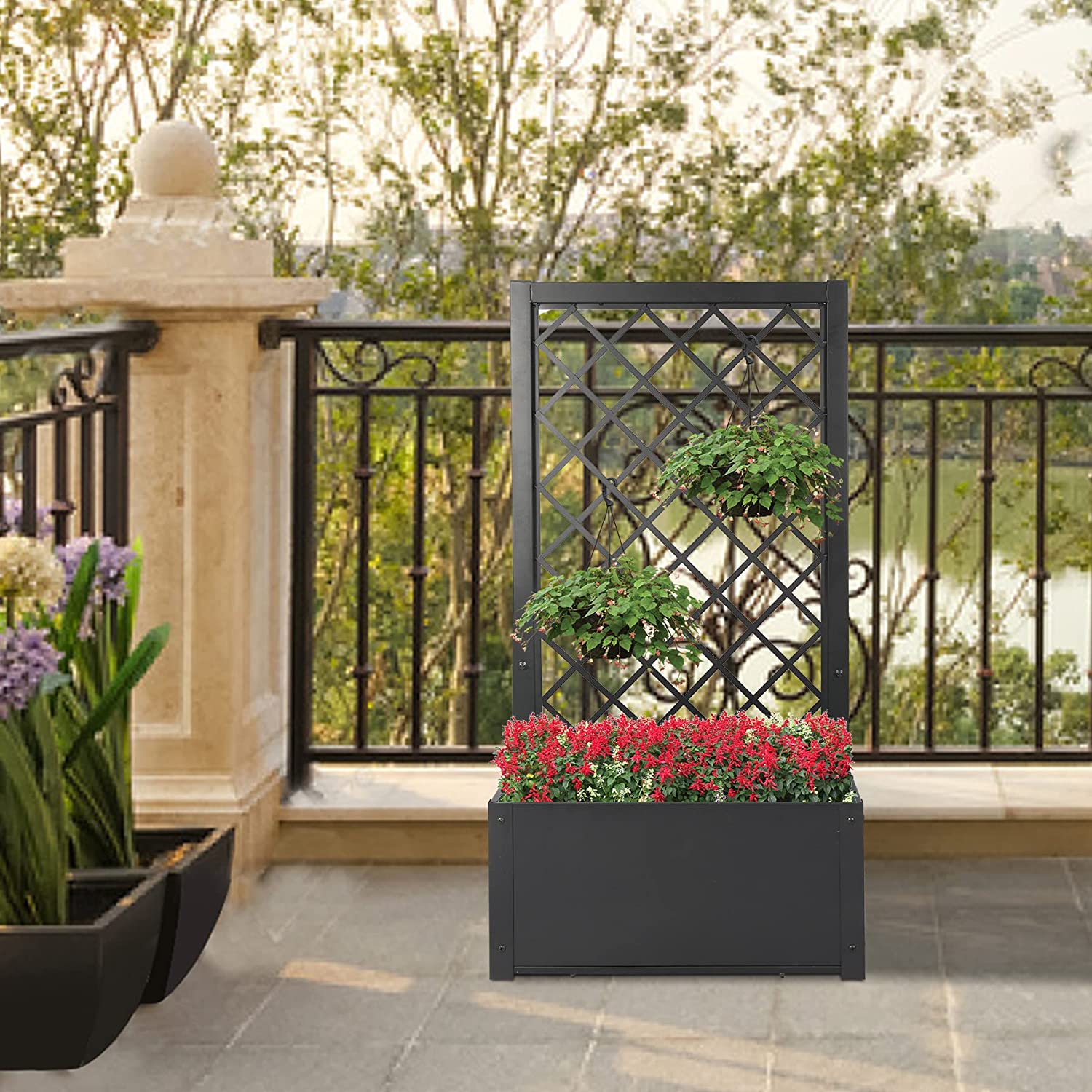 REDCAMP Metal Planter Box with Trellis, 48 Inch Height Raised Garden Bed with Trellis for Climbing Plants, Lattice and Flower for Patio Garden Indoor Outdoor