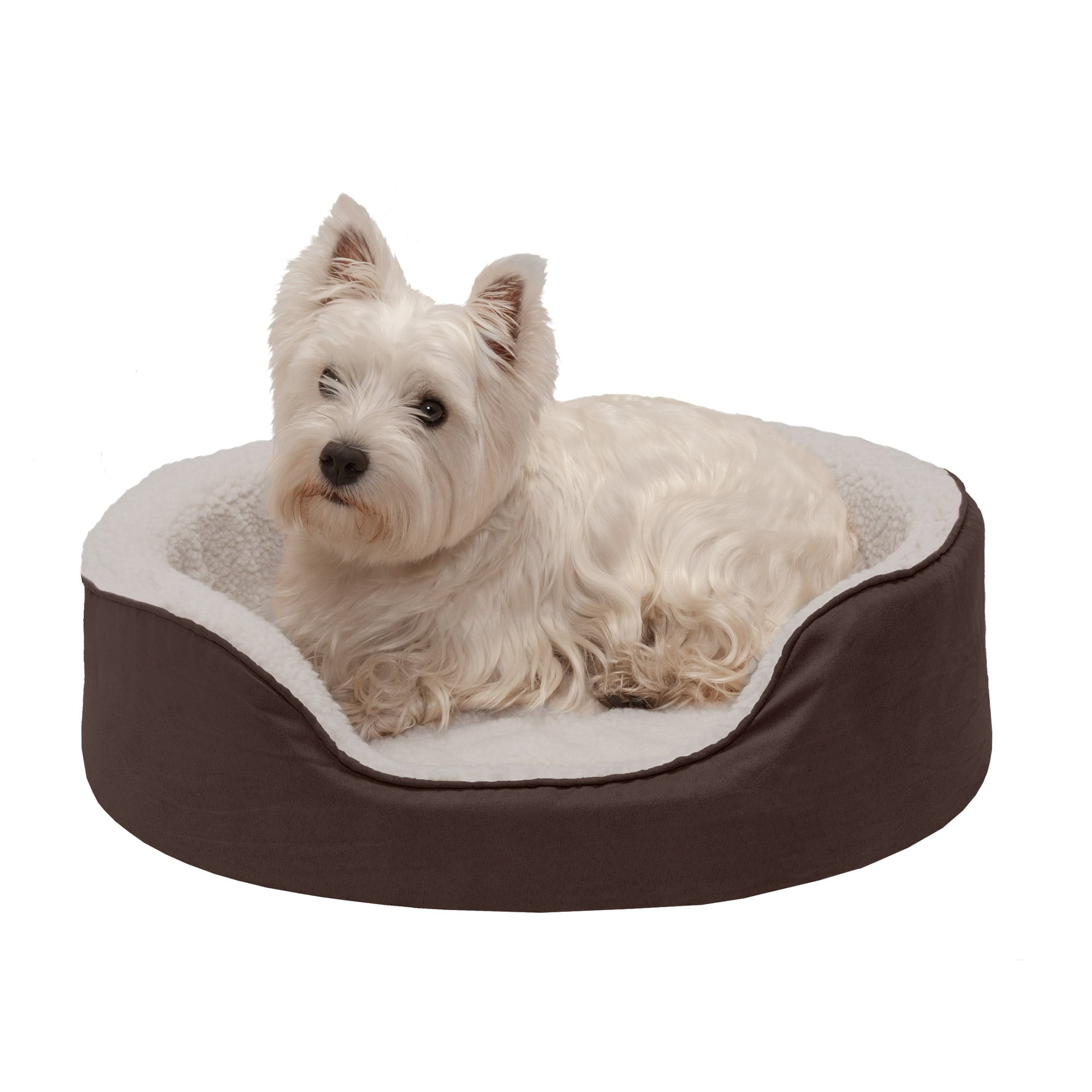 FurHaven | Orthopedic Faux Sheepskin and Suede Oval Pet Bed for Dogs and Cats， Espresso， Medium