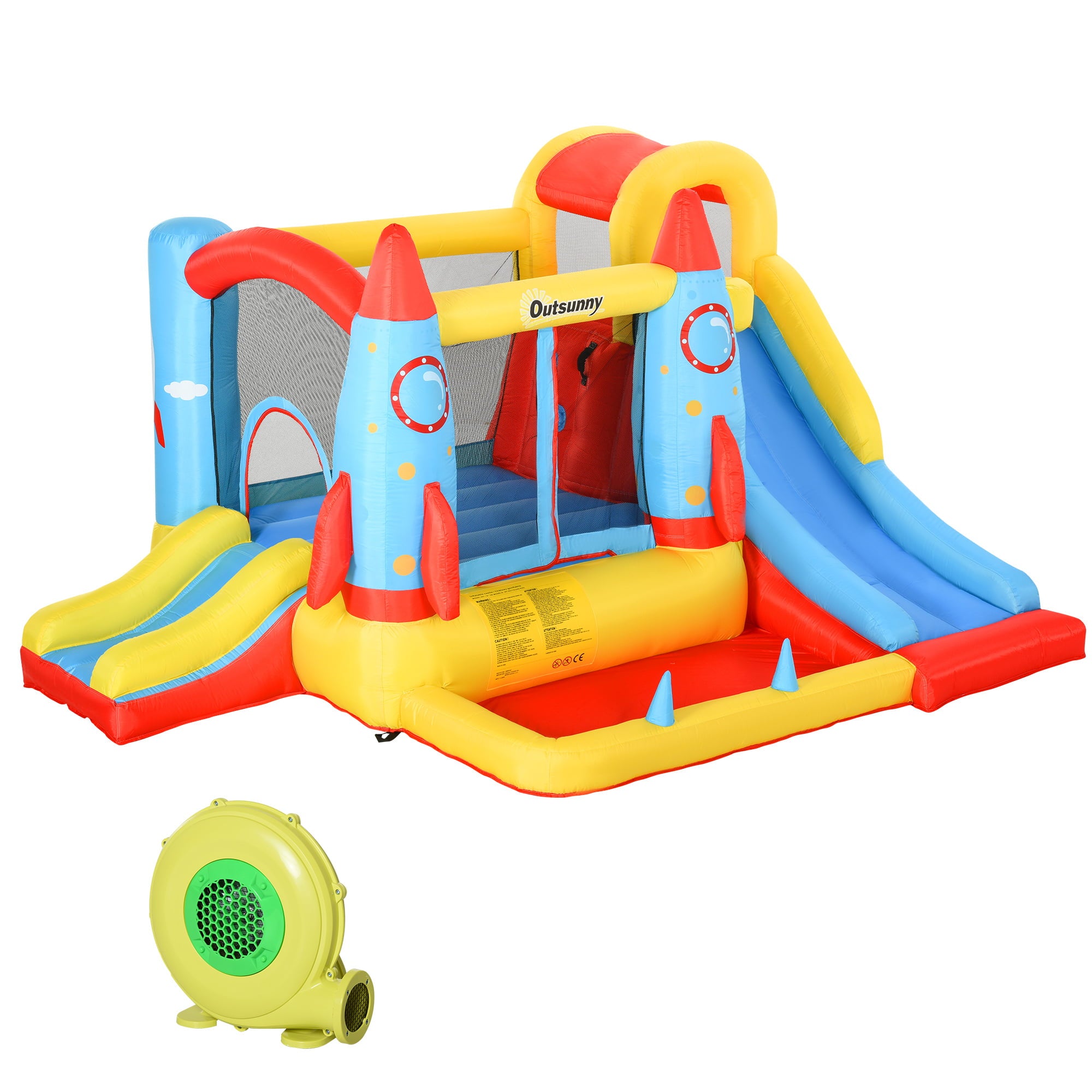 Outsunny 4-in-1 Kids Inflatable Bounce House Jumping Castle with 2 Slides， Climbing Wall， Trampoline， and Water Pool Area， Air Blower