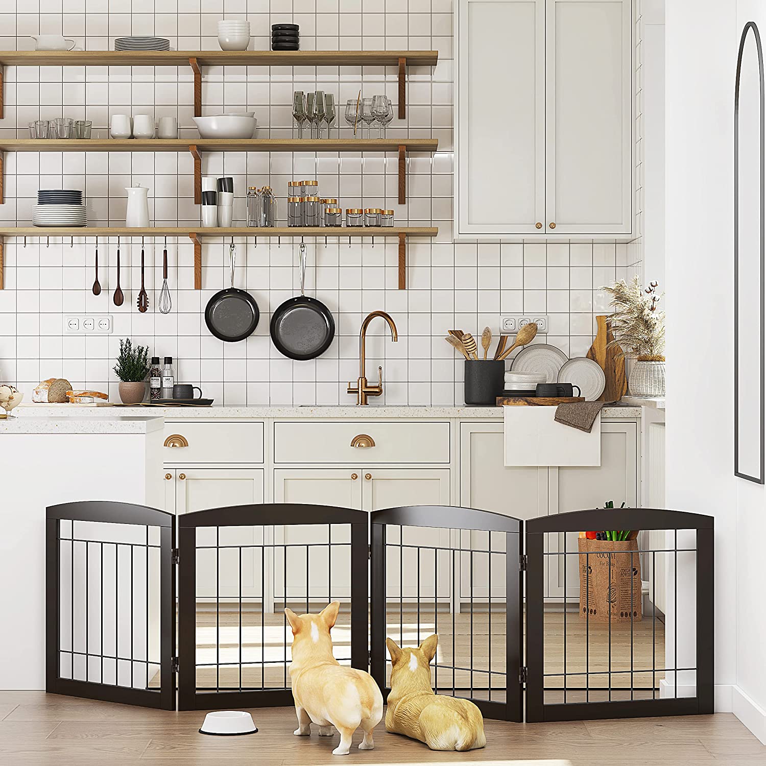 PAWLAND Wire Free Standing Pet Gate for Dogs， Foldable Dog Gate for The House Indoor， Step Over Pet Puppy Safety Fence， Doorway， Stairs， 80 Inch Wide， 24