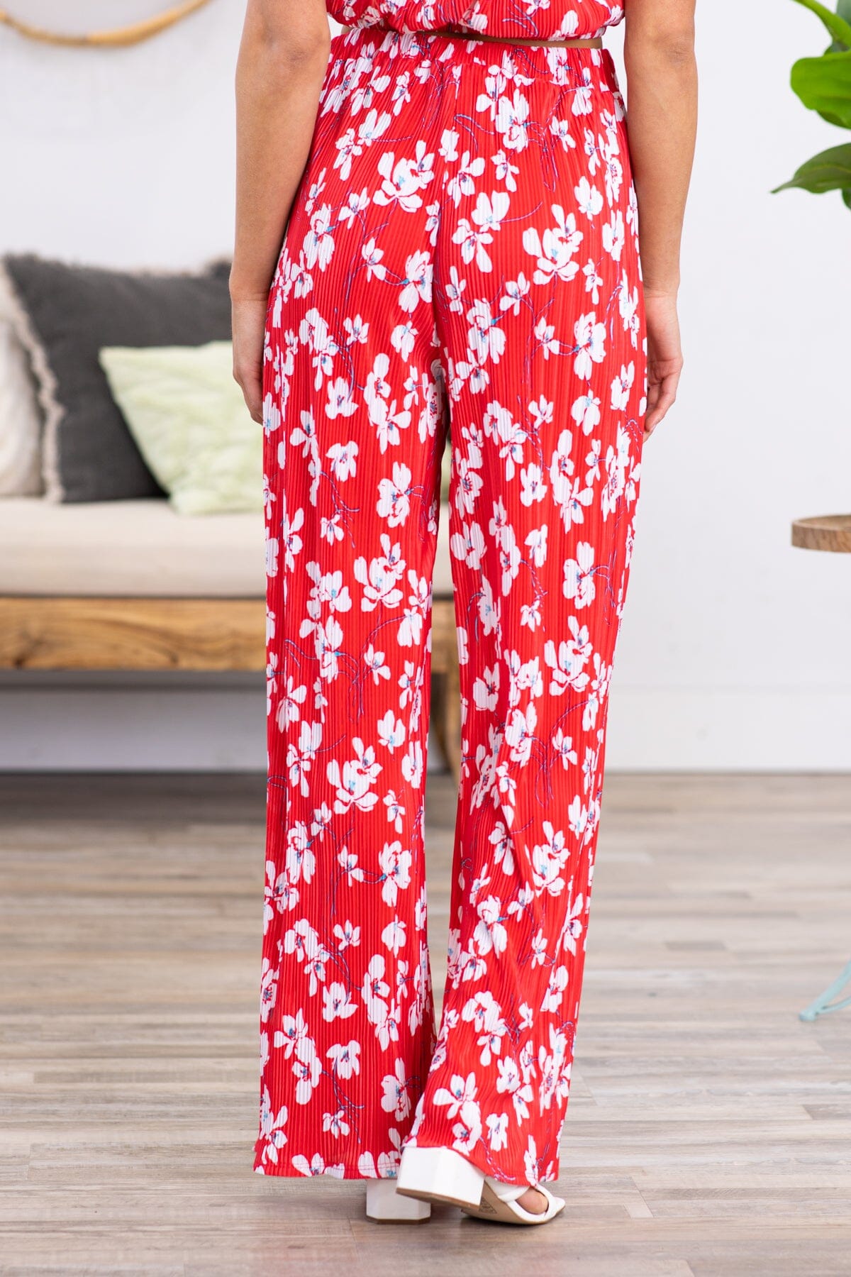 Red Crystal Pleat Floral Print Wide Leg Pants