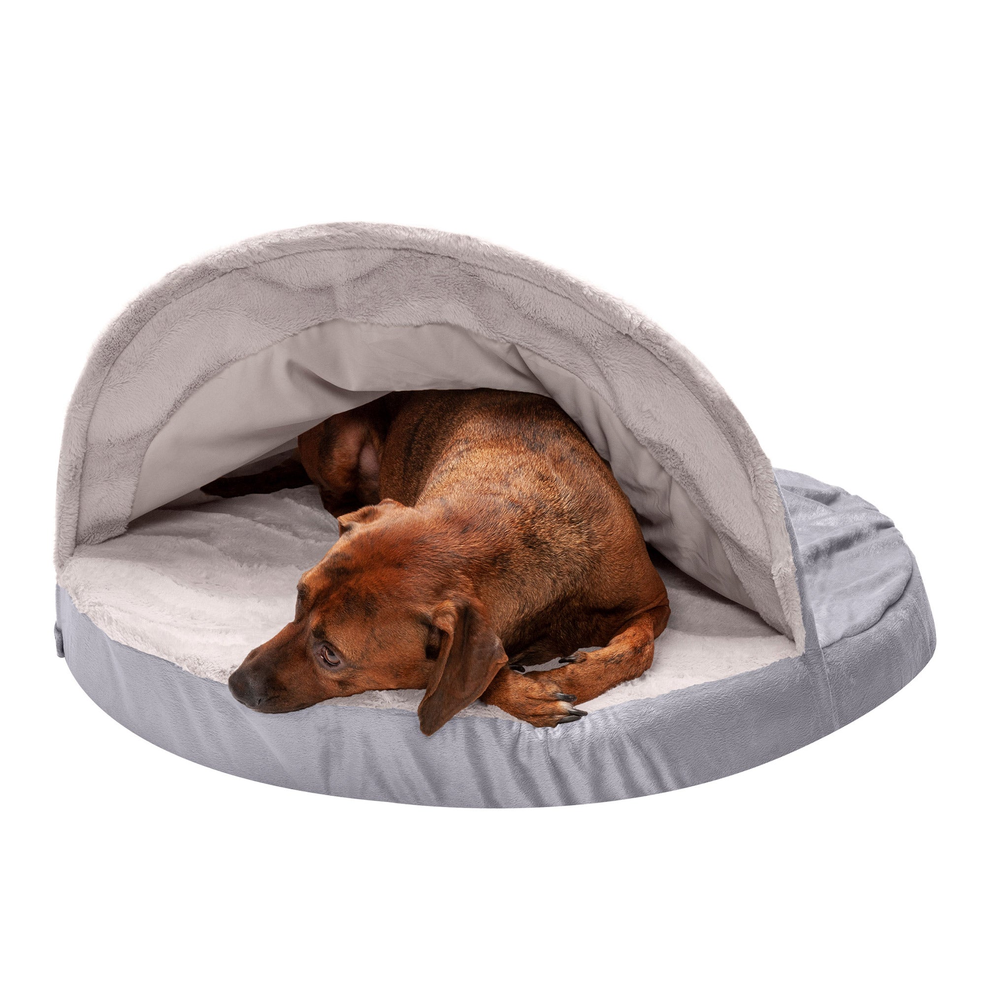 FurHaven | Memory Foam Wave Fur and Velvet Snuggery Burrow Pet Bed for Dogs and Cats， Dark Gray， 35-Inch