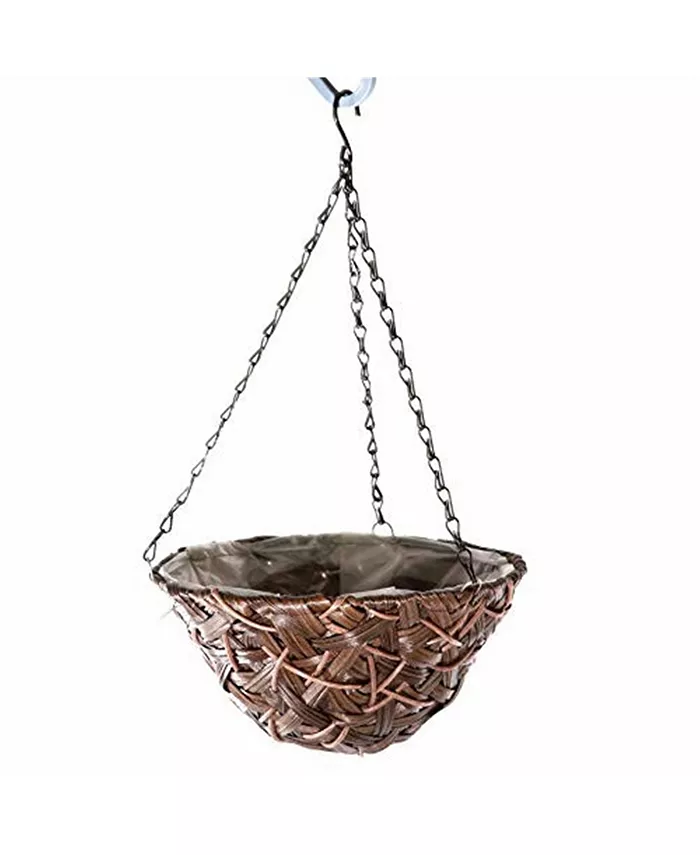 Gardener's Select Round Woven Plastic Wicker Hanging Basket， Brown