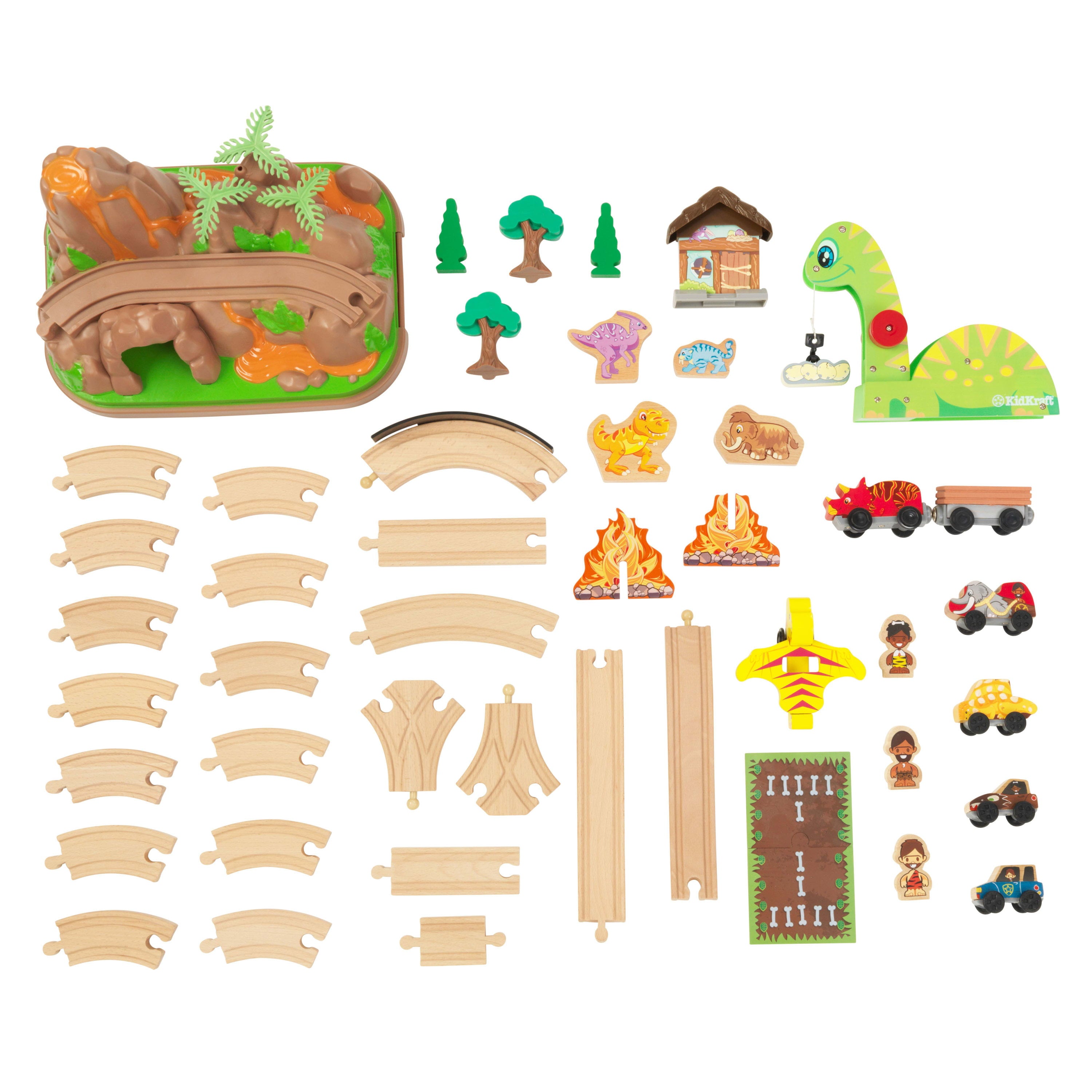 KidKraft Dinosaur Bucket Top Portable Wooden Train Set with 56 Pieces and 9 Feet of Track
