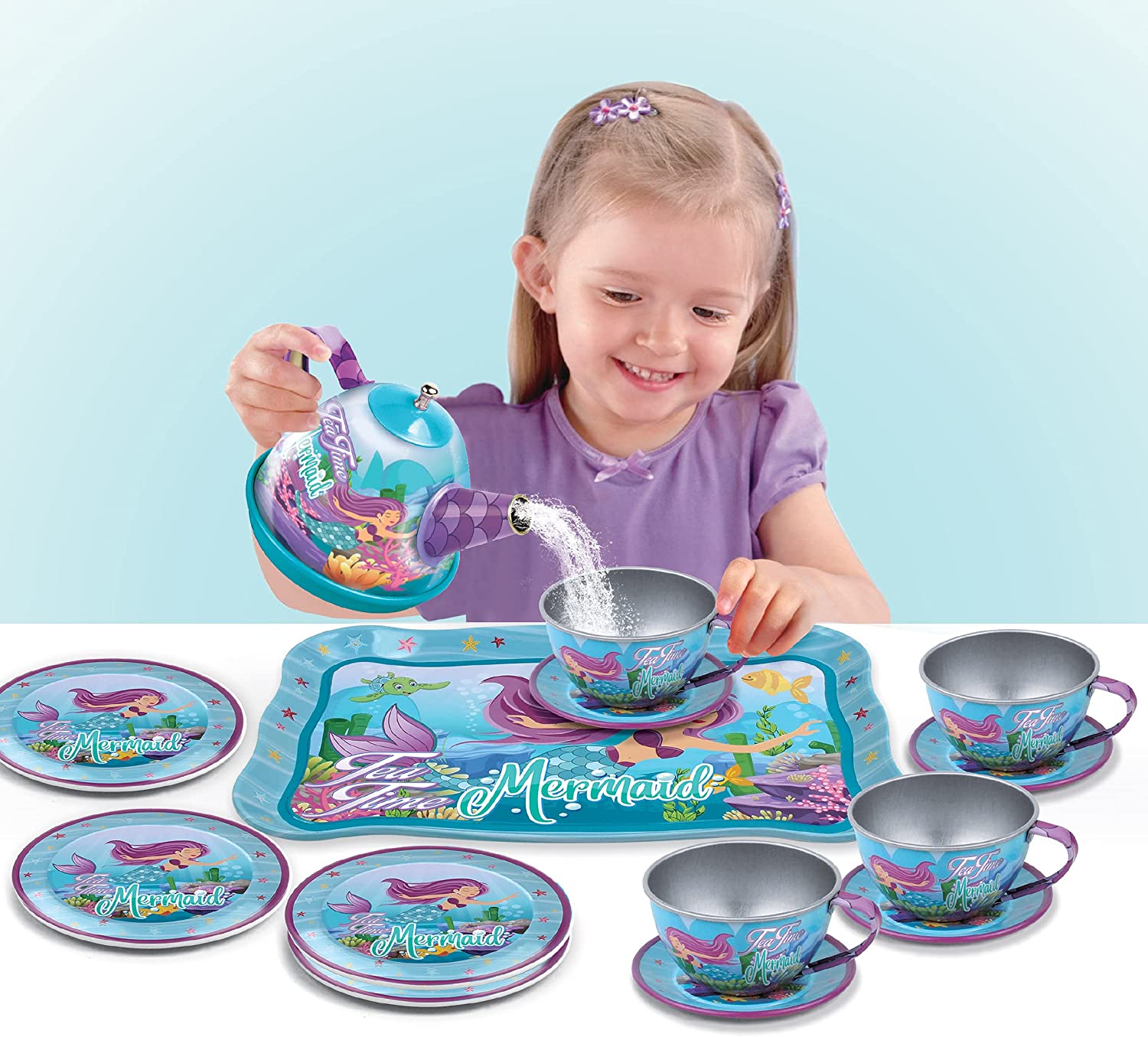 Toy Chef 14-Piece Mermaid Tea Party Set for Little Girls - Pretend Game Playset with Teapot, Cups and Dishes - Playhouse Toy Gifts for Toddlers, 3+ - Mermaid