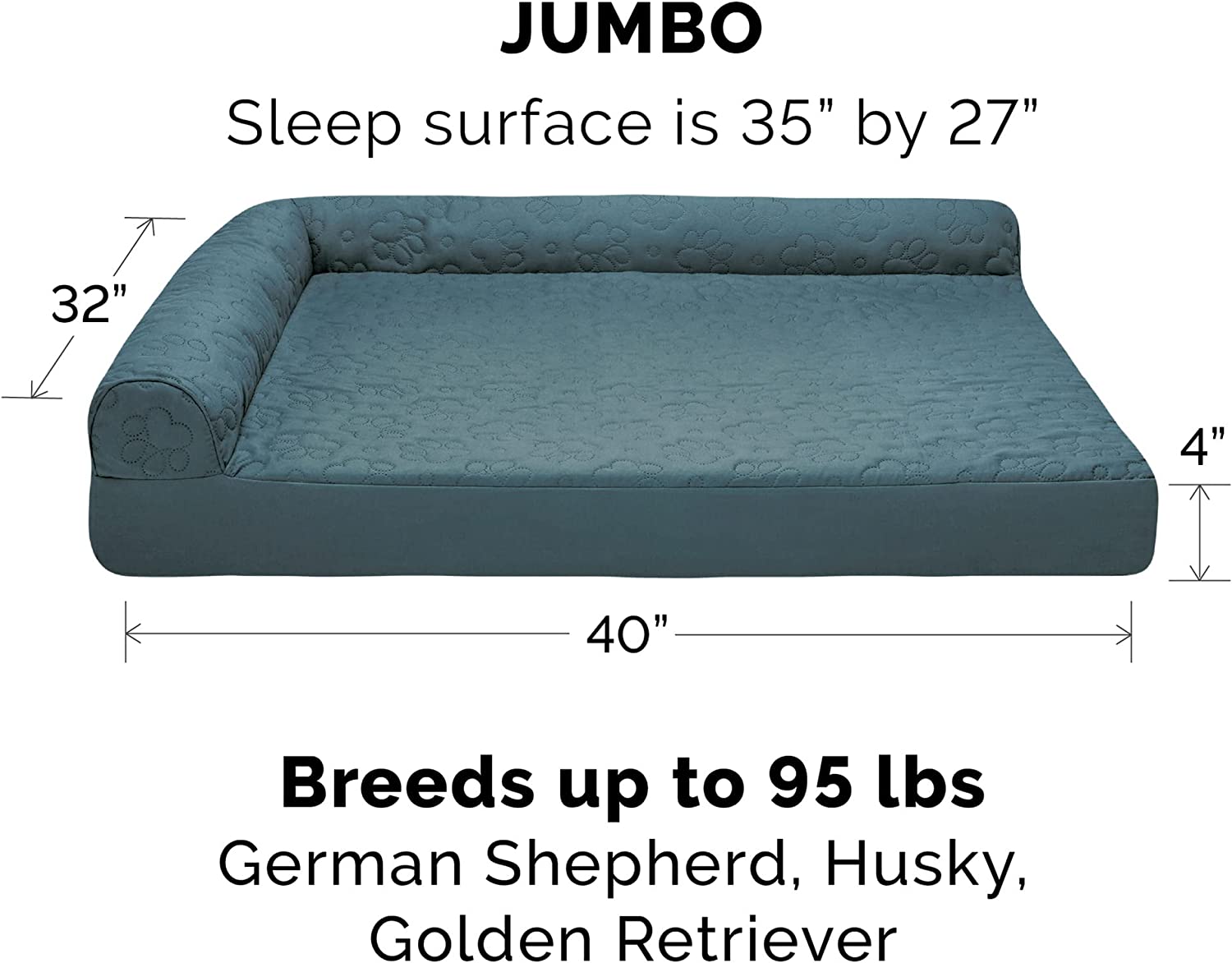 Furhaven XL Orthopedic Dog Bed Pinsonic Quilted Paw L Shaped Chaise w/ Removable Washable Cover - Bluestone， Jumbo (X-Large) Orthopedic Foam Jumbo L Chaise - Quilted Paw (Bluestone)