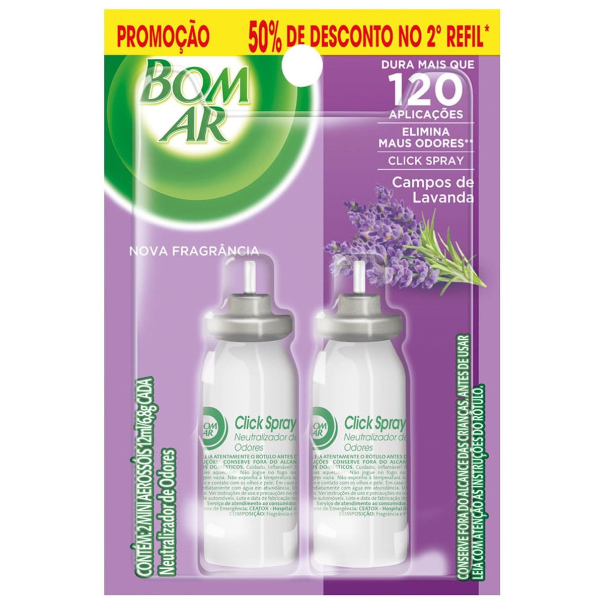 Aromatizador Bom Ar Click Spray Refil 50% off na 2a Unidade Campos de Lavanda