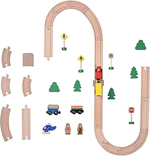 BetDEF Wooden Train Set，39 Pcs-with All-Wood Train Tracks with Double Sided Wooden Tracks and Color Box for 3+ Year Old Boys and Girls Toddler-Fits Thomas Brio Melissa and Doug…