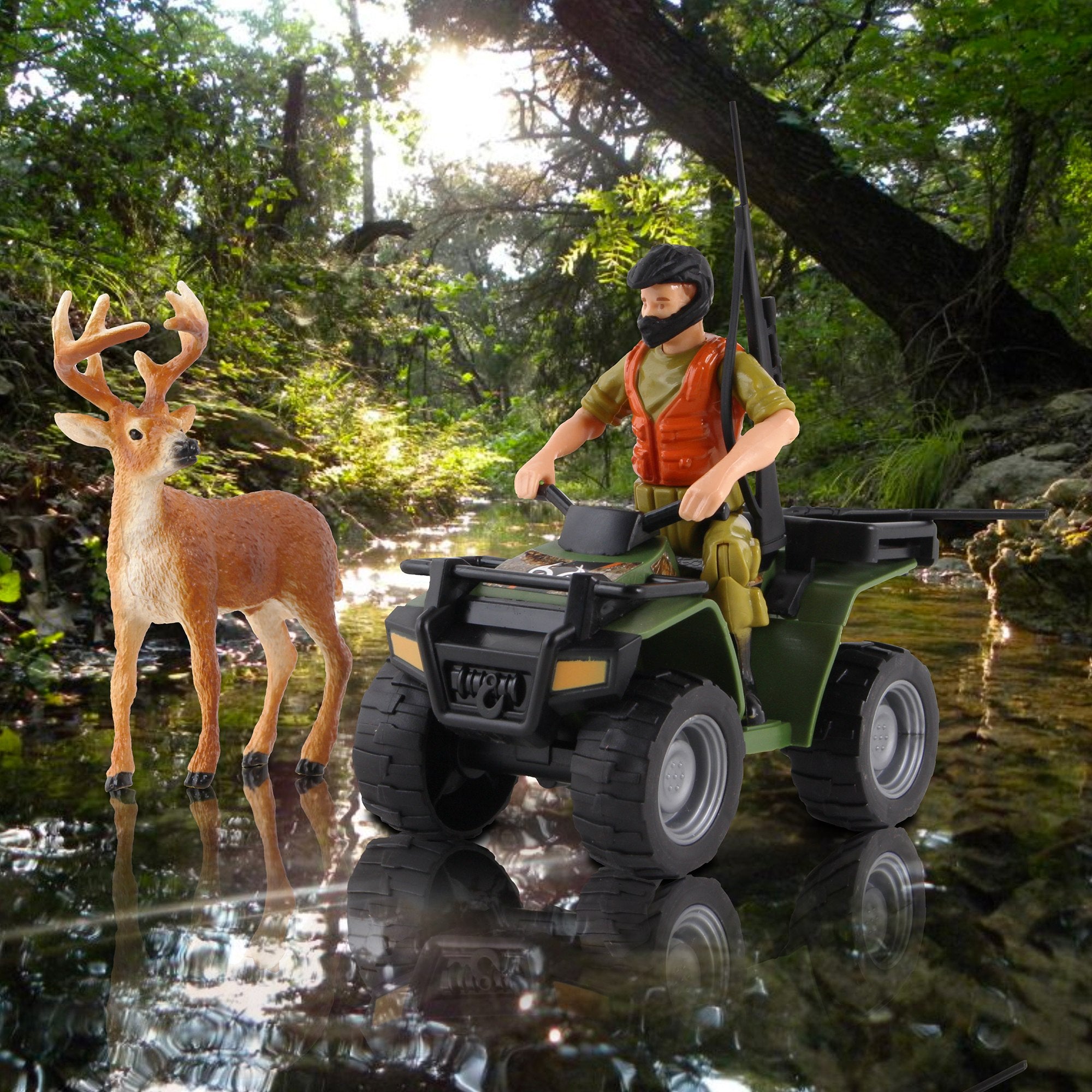 RealTree: Hunting Playset - 6 Piece 1:18 Scale W/ Freewheel Vehicle， ATV Buck Hunting Set ， Ages 3+