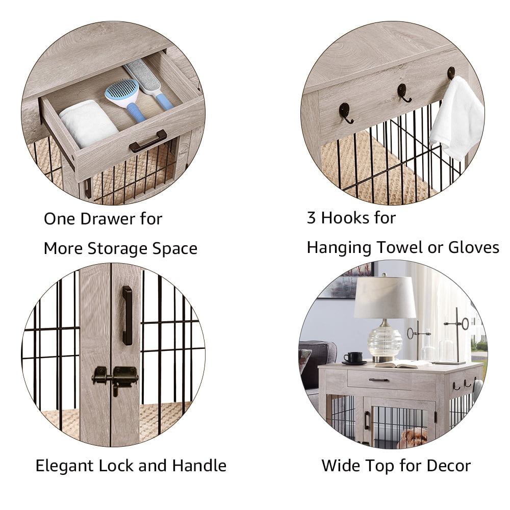 Unipaws Dog Crate with Drawer， Furniture Style Pet Kennels with Double Doors and Cushion