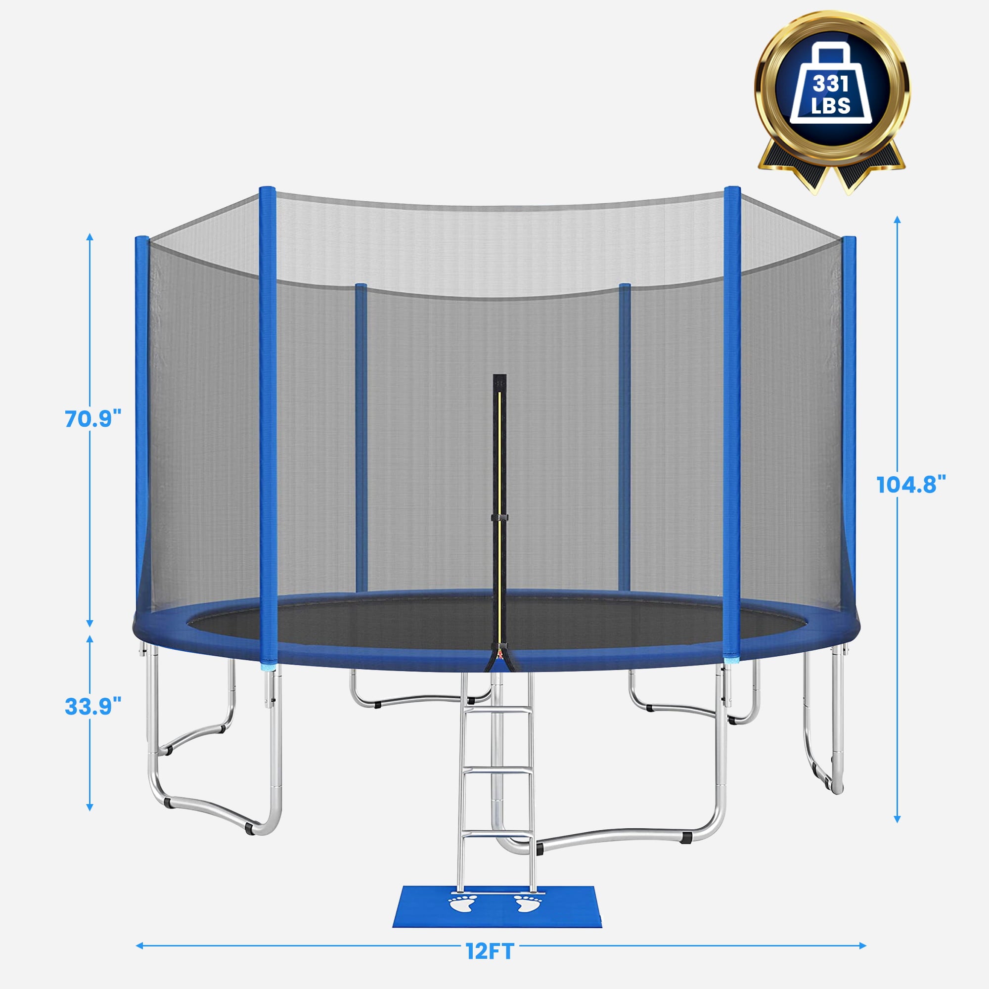 12FT Trampoline with Enclosure， Seizeen Large Trampoline for Kids Outdoor Play， All-Weather Trampoline W/ Thickened Enclosure Net and Foot Pad， Round Trampolines Bears 4-6 Kids， Blue