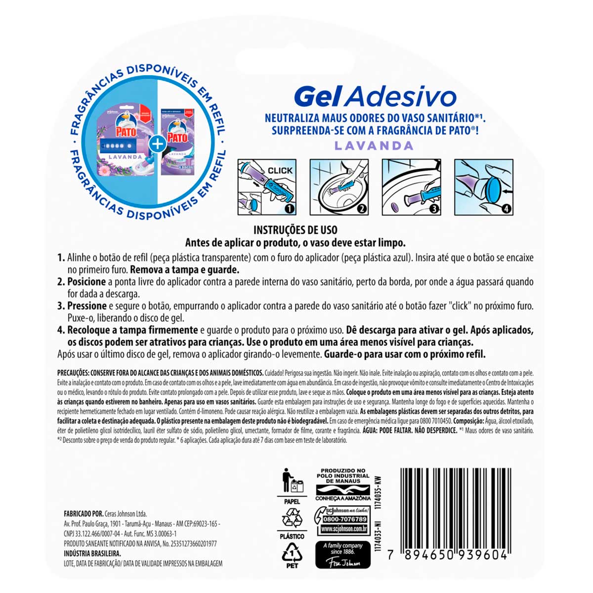 Desodorizador Sanitario Pato Gel Adesivo Lavanda Refil 6 Discos Aparelho Gratis