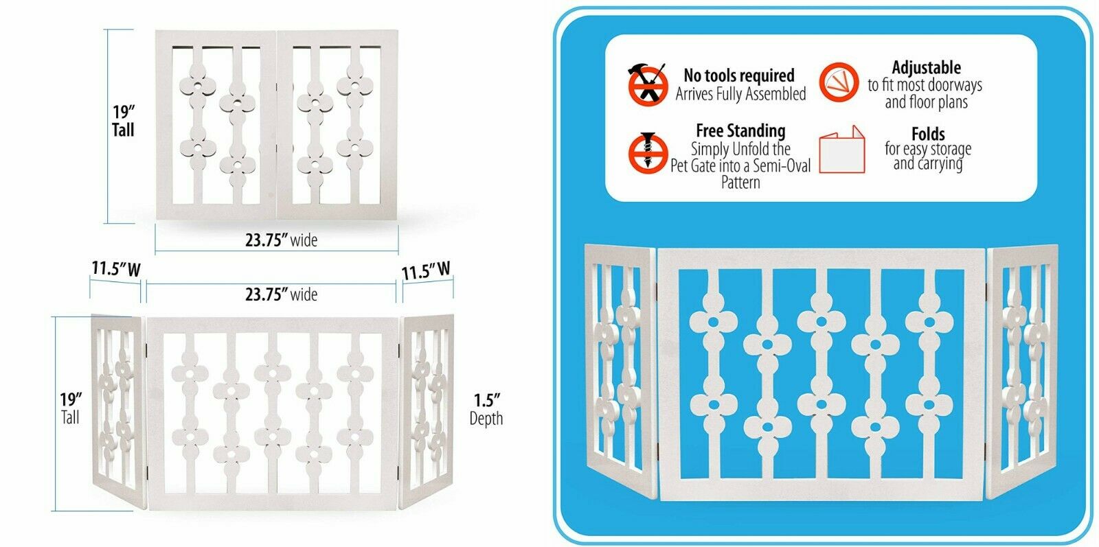 White Floral Wood Pet Dog Gate Foldable Adjustable 3-Section Freestanding Extra Wide. Keeps Pets Safe Indoors/Outdoors - Fully Assembled