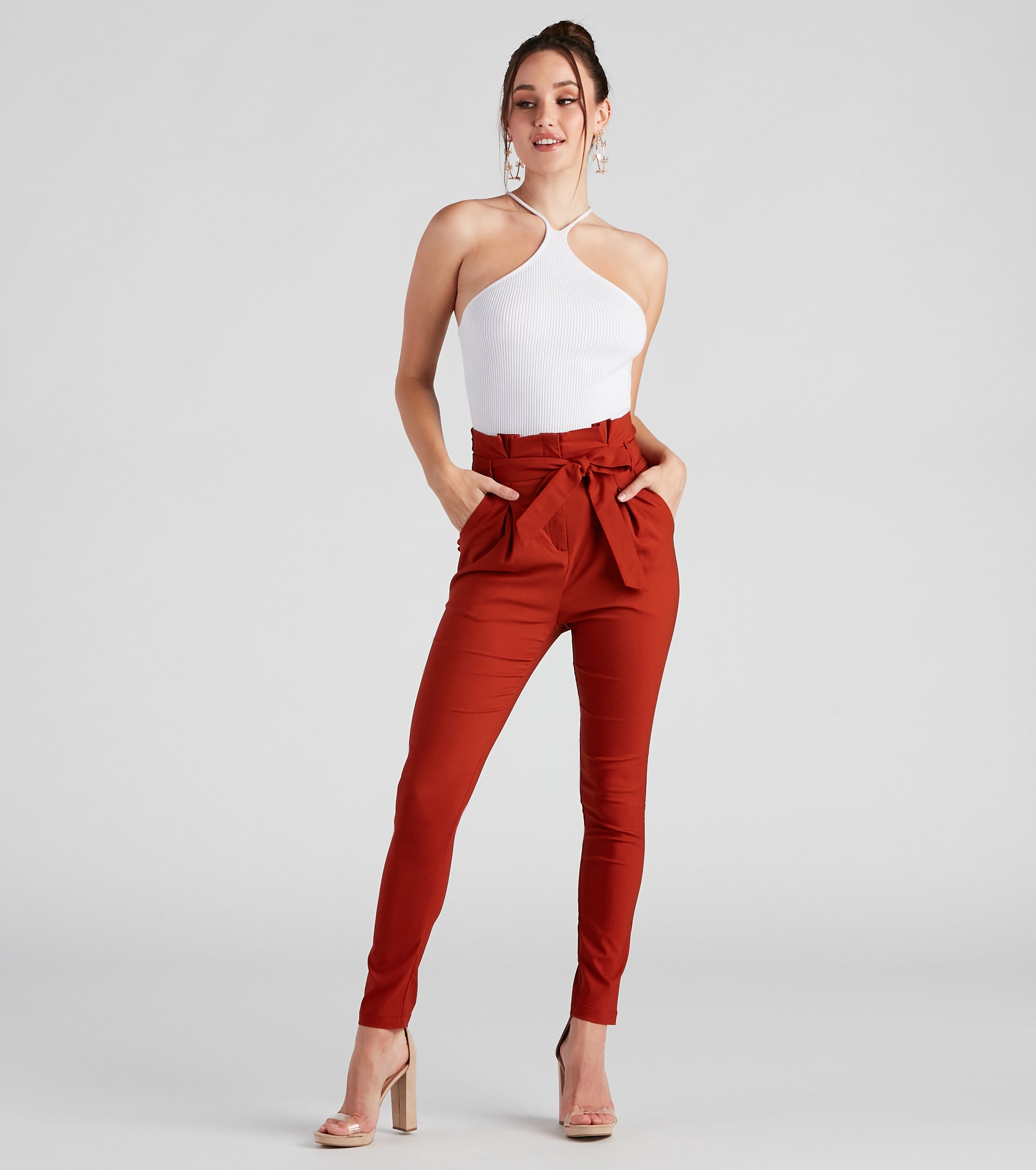 High Waist Paperbag Skinny Dress Pants