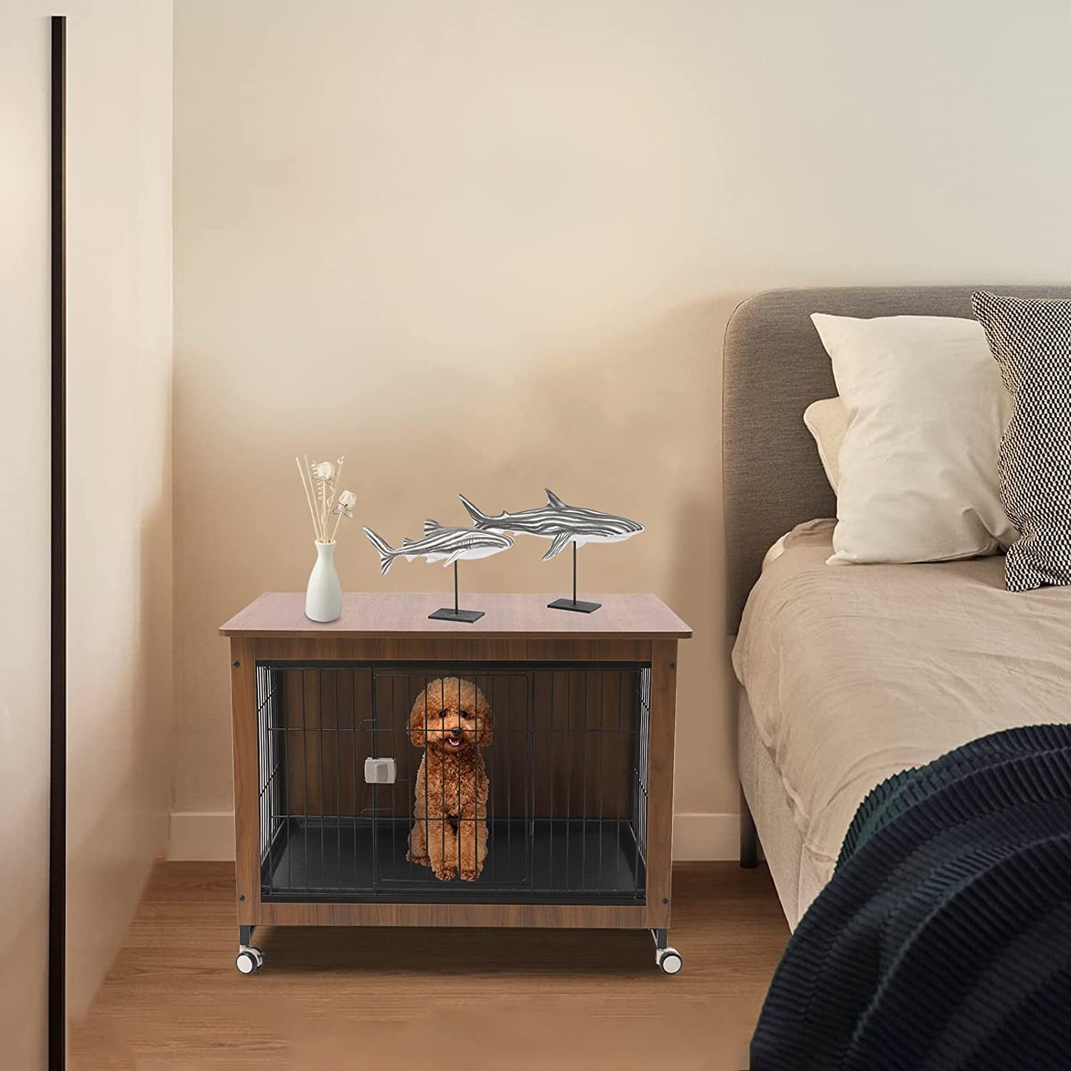 Miumaeov Dog Crate With A Spacious Top， Brown Furniture-style Crates with Wheels， Indoor Dog Kennel， Metal Dog House， Dog Cage with Tray， 38.6 * 25.2 * 30.1in