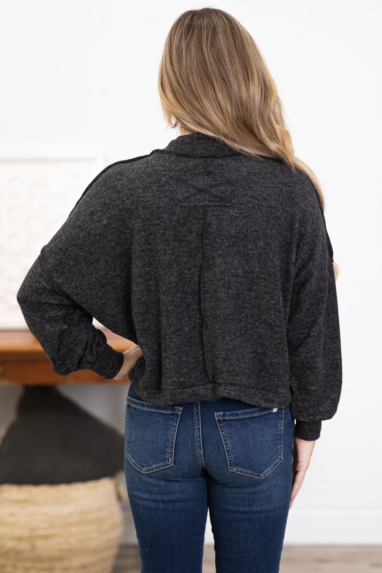 Charcoal Hacci Knit Mock Neck Top