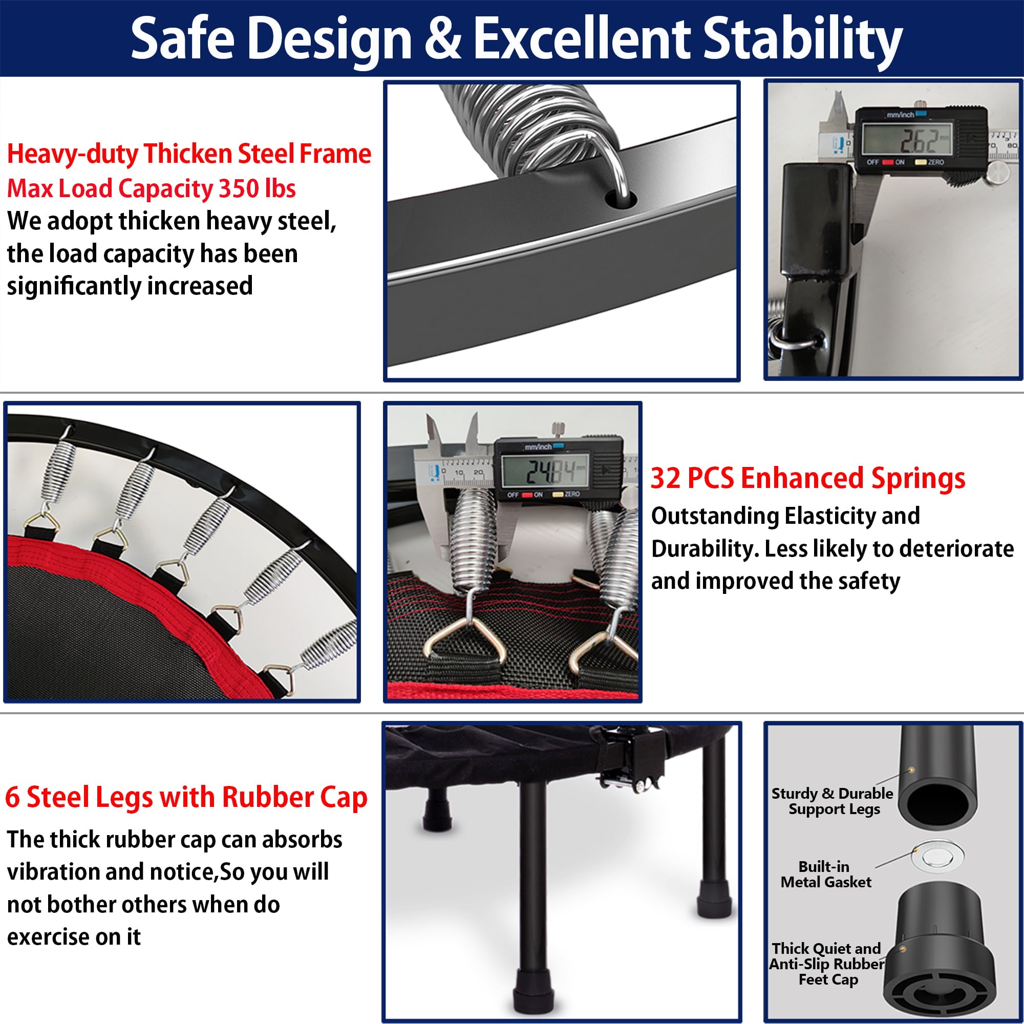 RAVS 40'' inch Black Foldable Mini Trampoline Rebounder for Kids and Adults with Height Adjustable Handle