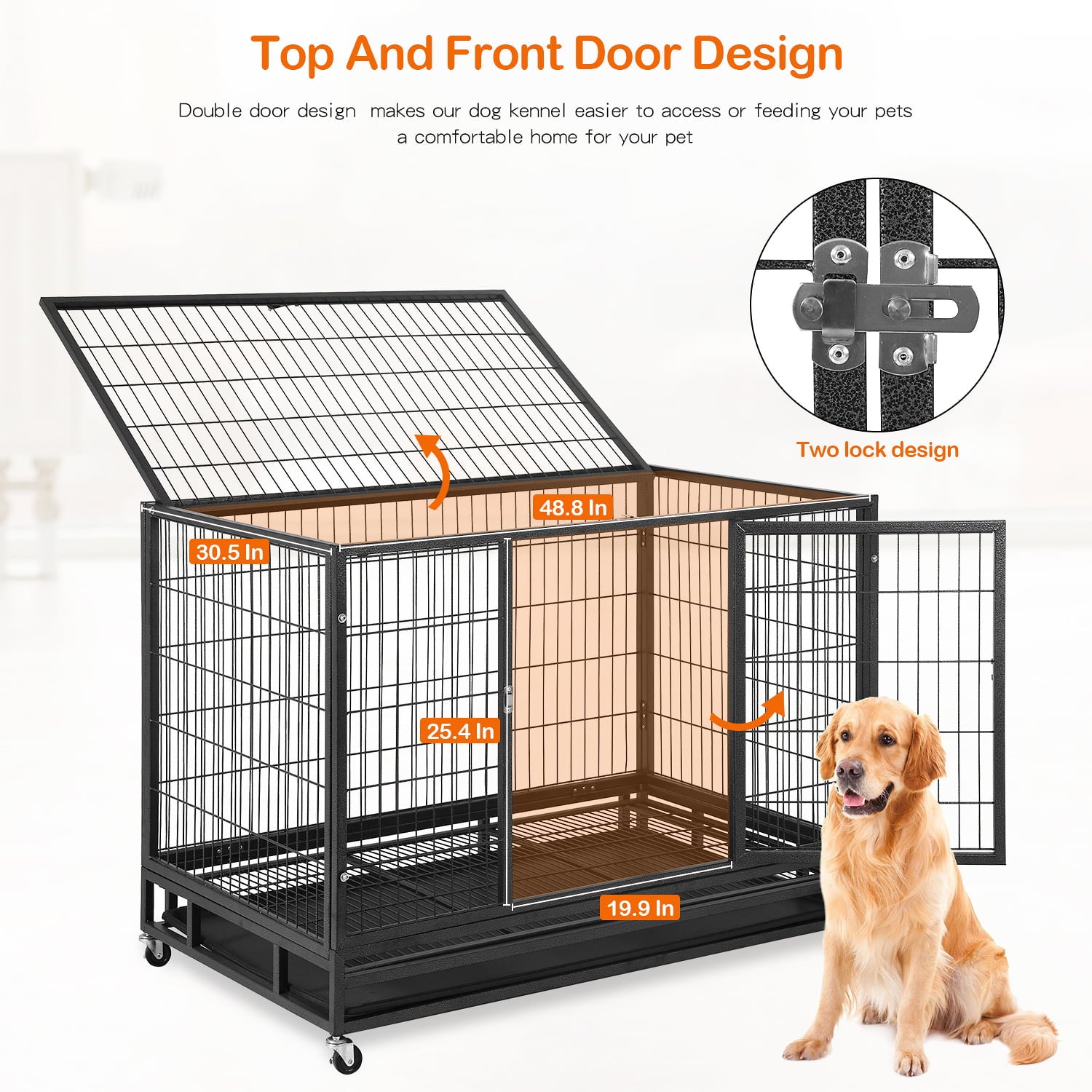 BestPet 48 inch Heavy Duty Dog Cage Large Dog Crate Strong Metal Dog Kennels with Double Doors，Lockable Wheels， Indoor Outdoor Dog Crates for Medium and Large Dogs with Removable Tray