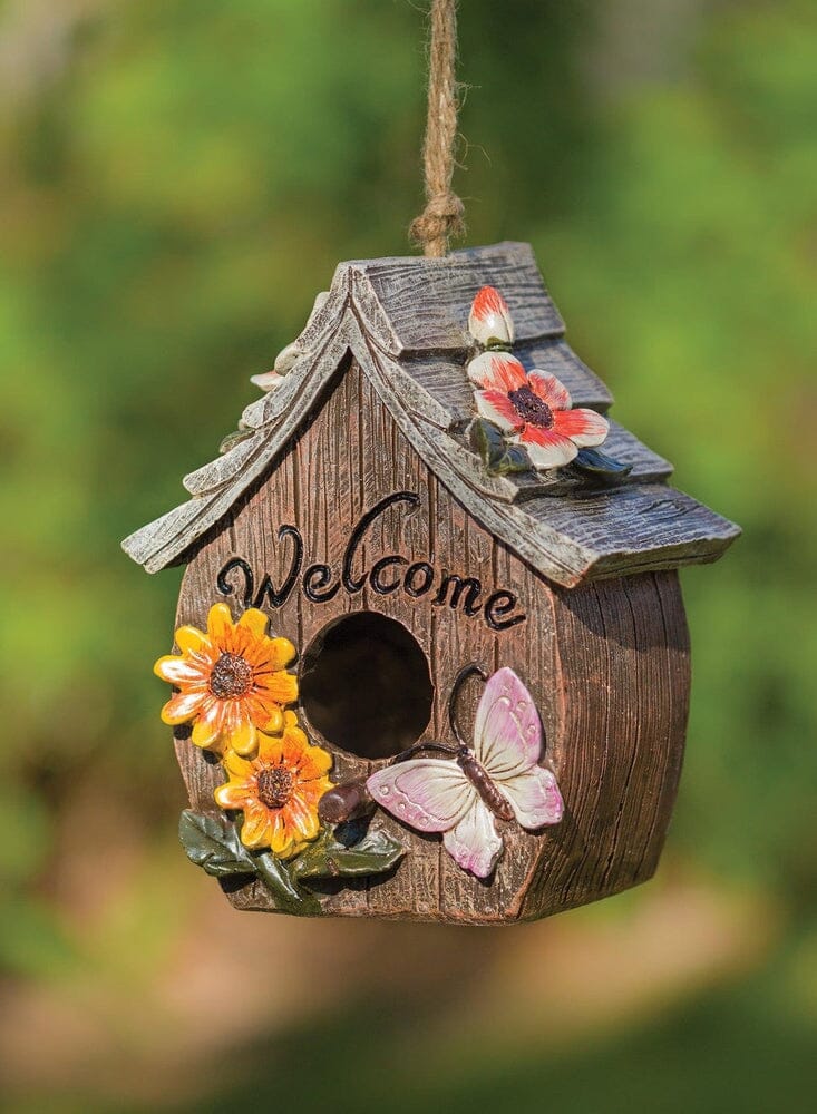Butterfly and Flowers Welcome Decorative Hand-Painted Bird House