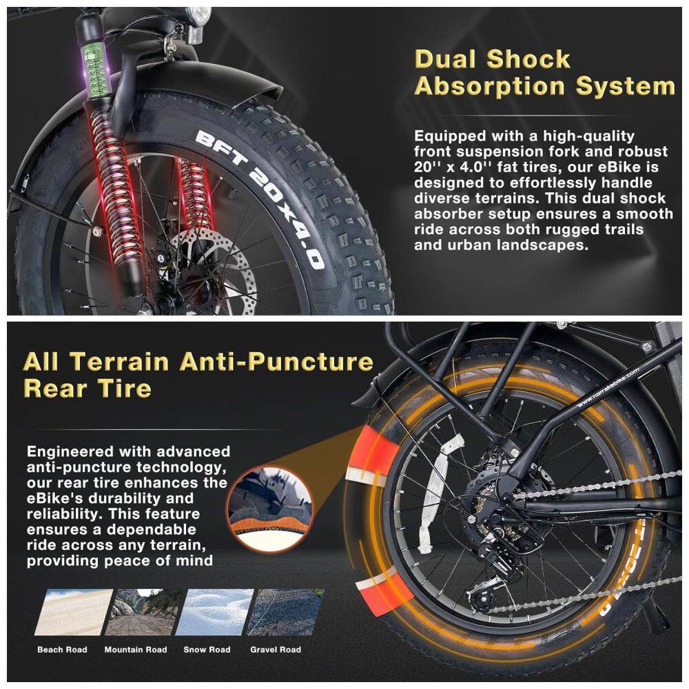 Bicicleta Elétrica Dobrável Narrak S129 com Motor Traseiro 750W (Pico 1100W), Bateria 48V 13Ah, Freios a Disco Duplos e Transmissão SHIMANO