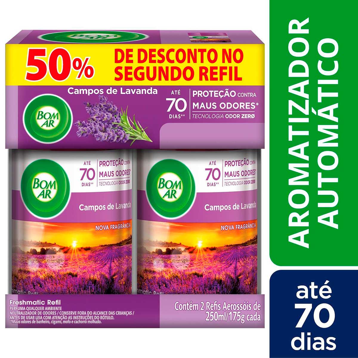 Aromatizador de Ambiente Bom Ar Automatico Aerossol Freshmatic Refil 50% off na 2a Unidade Campos de Lavanda