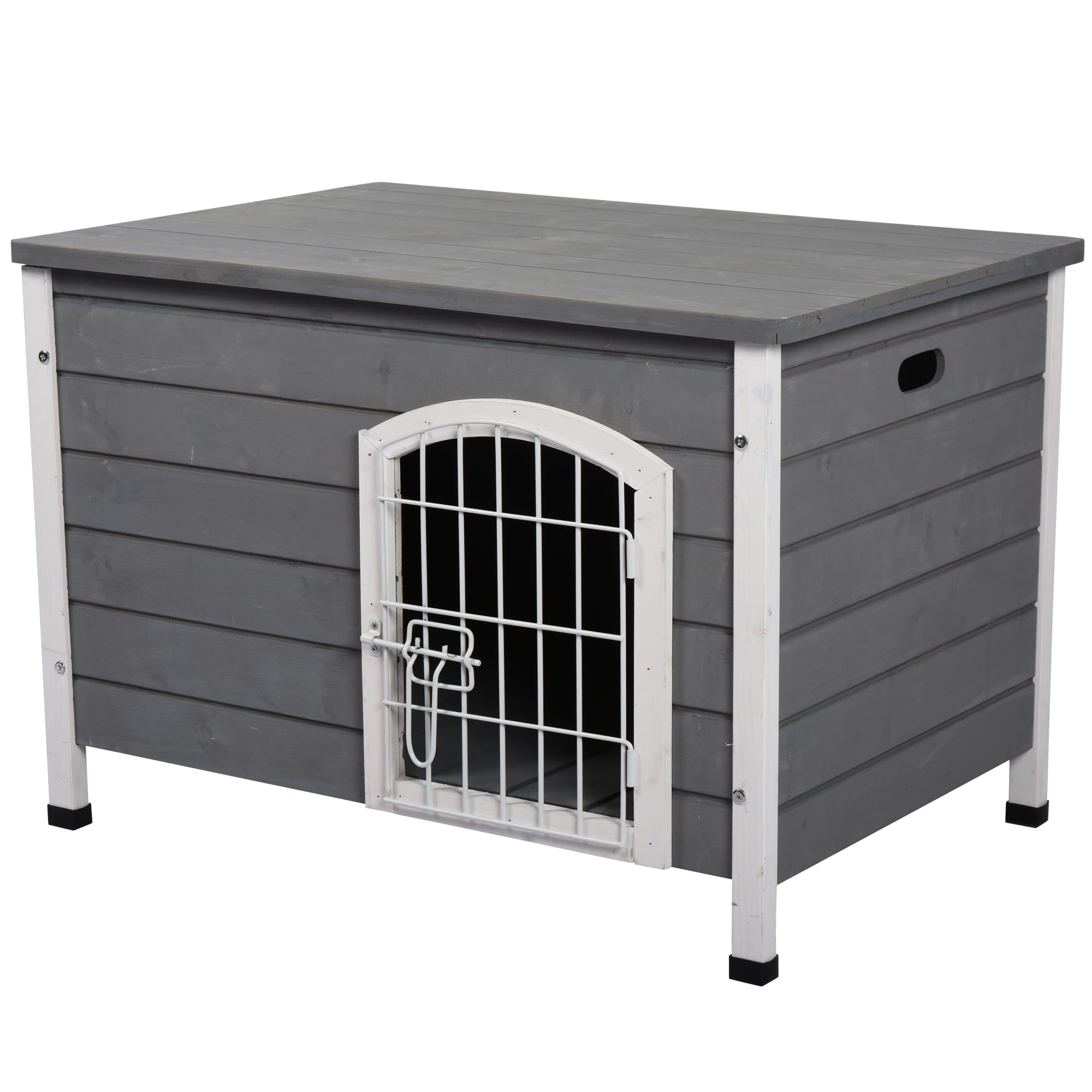 Pawhut 21'' Wooden Decorative Dog Cage Kennel Wire Door with Lock Small Animal House with Openable Top Removable Bottom Gray