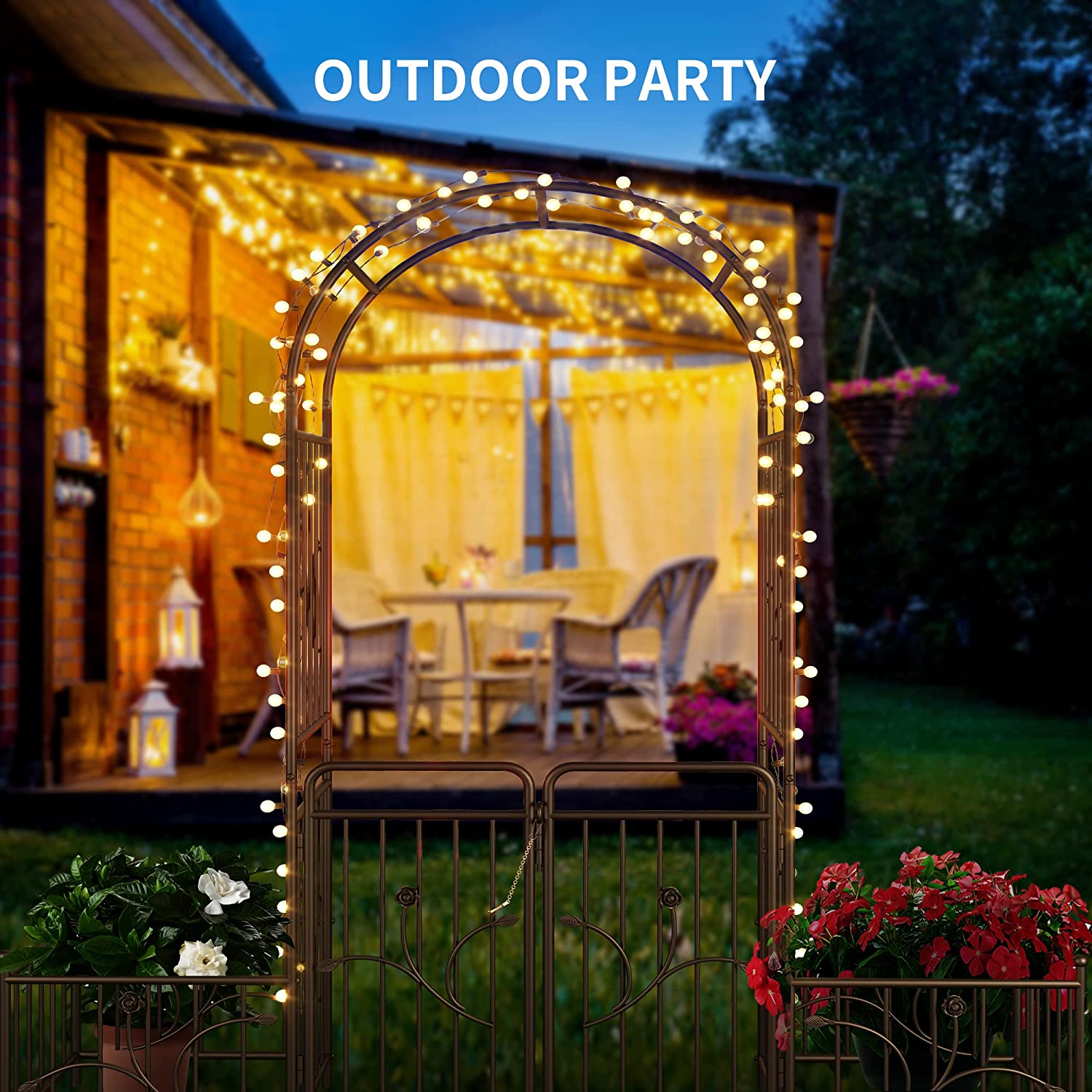 Garden Arbor Metal Garden Arch with Double Doors, Wedding Arch Party Decoration 2 Side Planter Baskets for Outdoor Lawn Climbing Plants Roses Vines