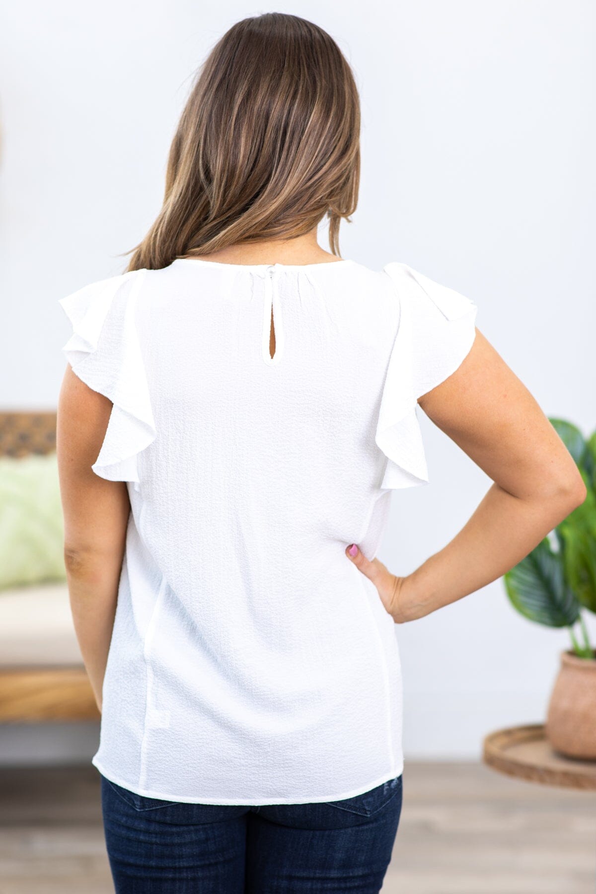 Off White Pleat Neck Flutter Sleeve Top