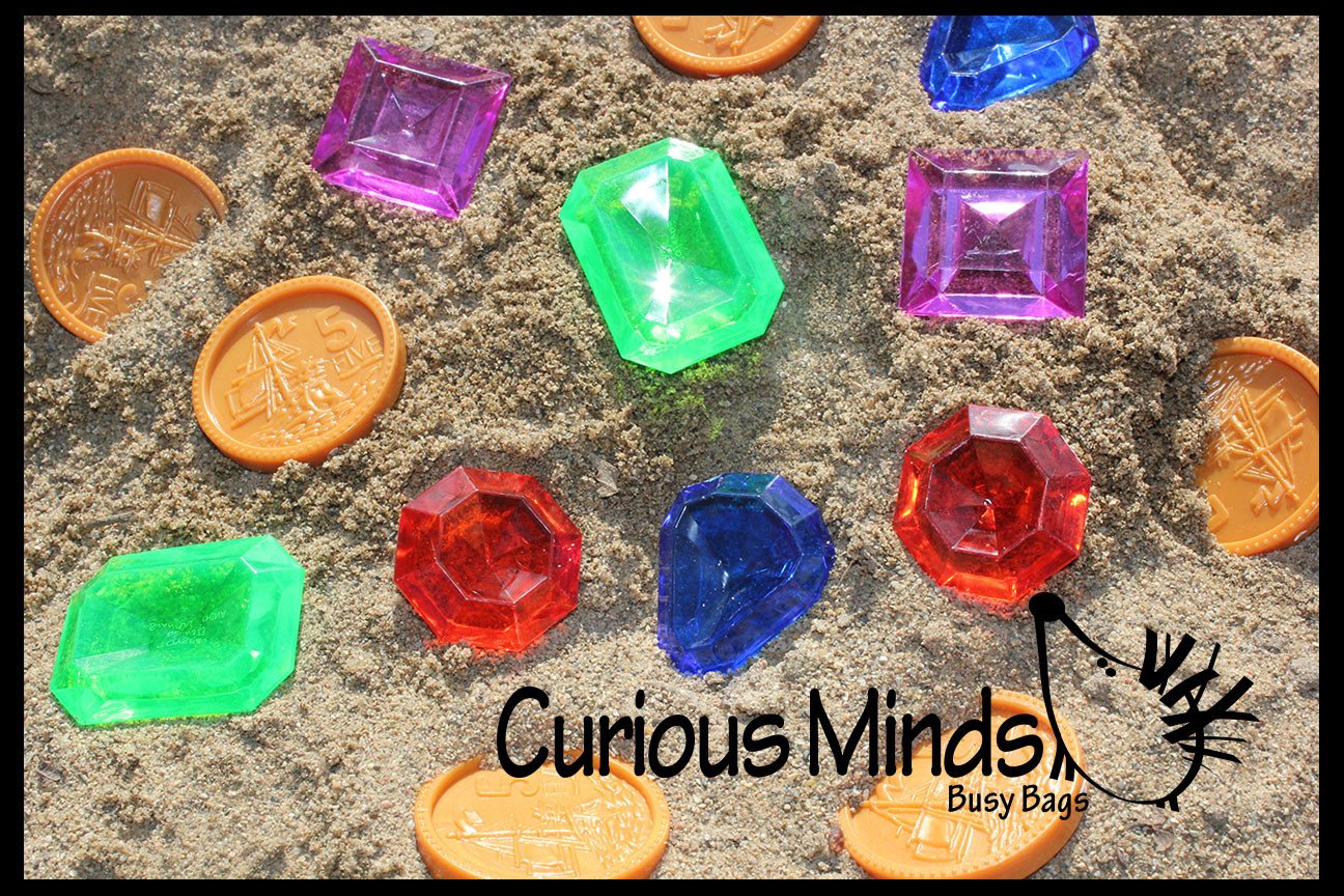 Sand Sifter with Large Gem and Coin Treasure Hunt Sand Toy - Dig sift and find buried coins jewels and gems