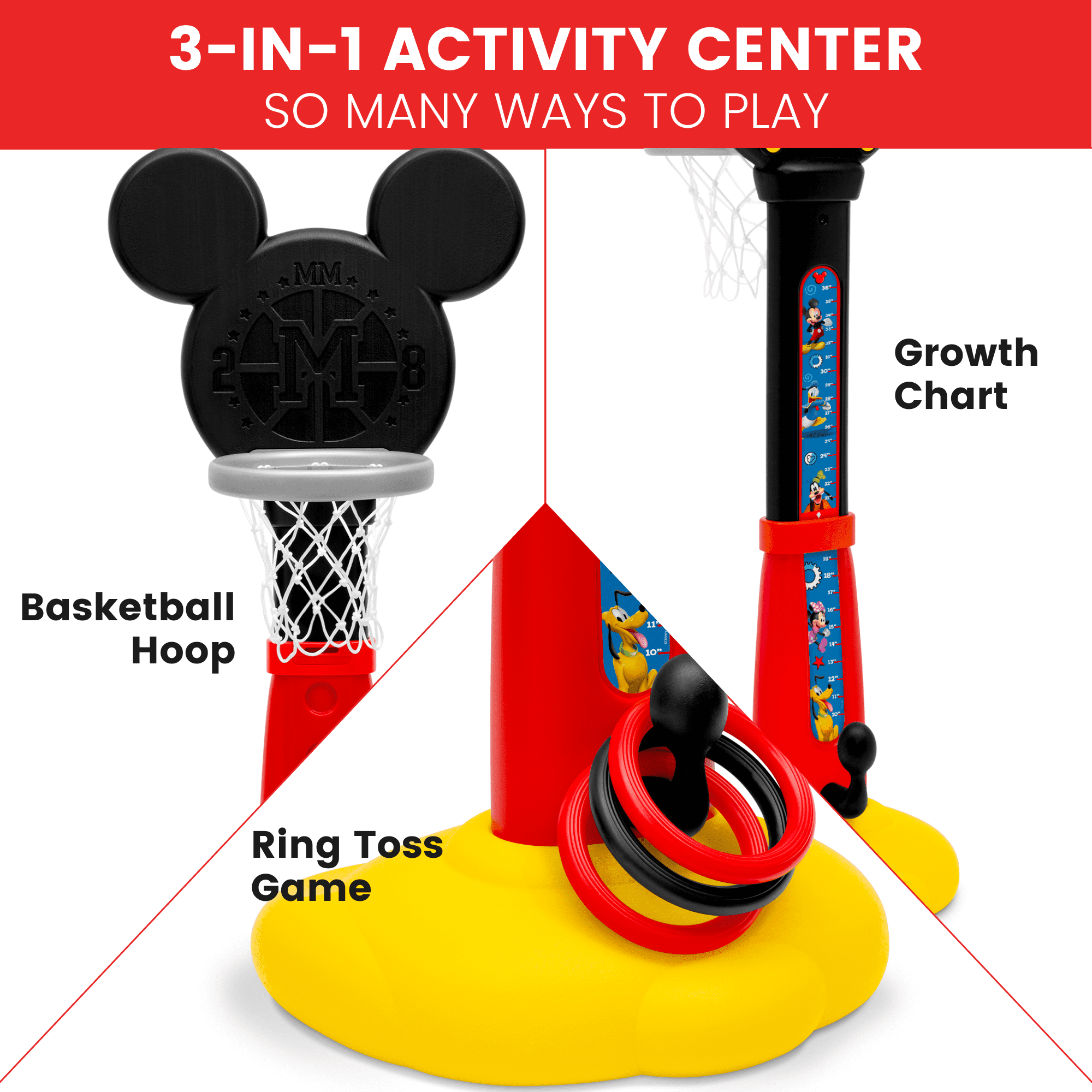Disney Mickey Mouse Plastic Basketball Set by Delta Children – Includes Basketball Hoop， 1 Basketball， Ring Toss Game with 3 Rings， Growth Cart and Ball Pump