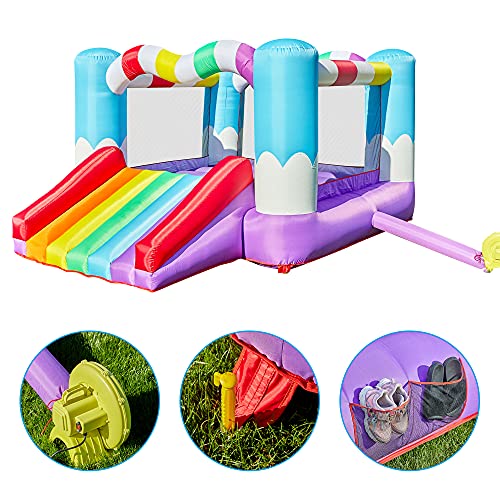 TURFEE Rainbow Inflatable Jumper Bounce House with Blower，Bounce House with Slide， Repair Patches， and Stakes， for Kids Indoor Outdoor.Easy Set Up，Backyard and Party Fun，138x 106 x 73