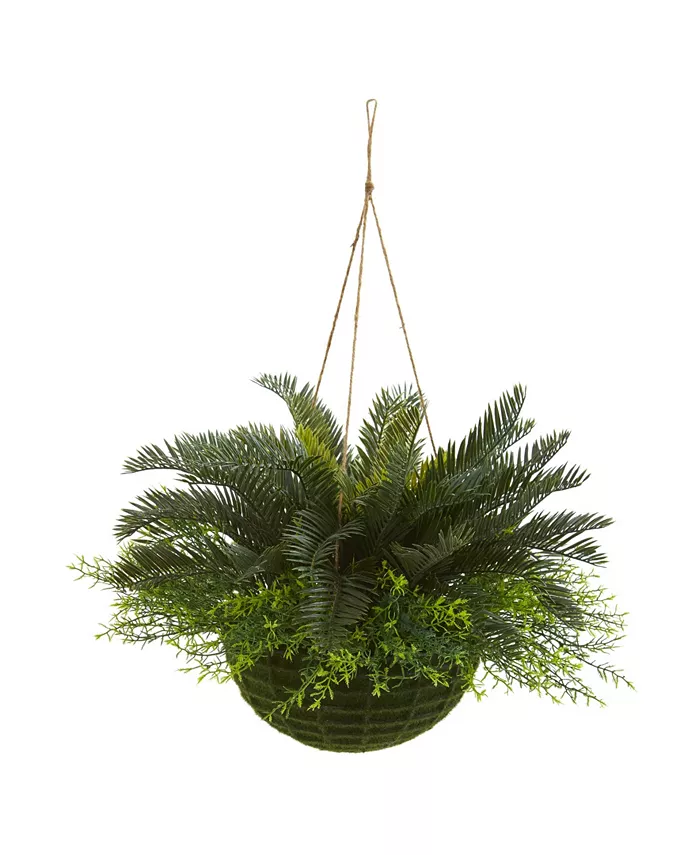 Nearly Natural Cycas Artificial Plant in Mossy Hanging Basket (Indoor Outdoor)