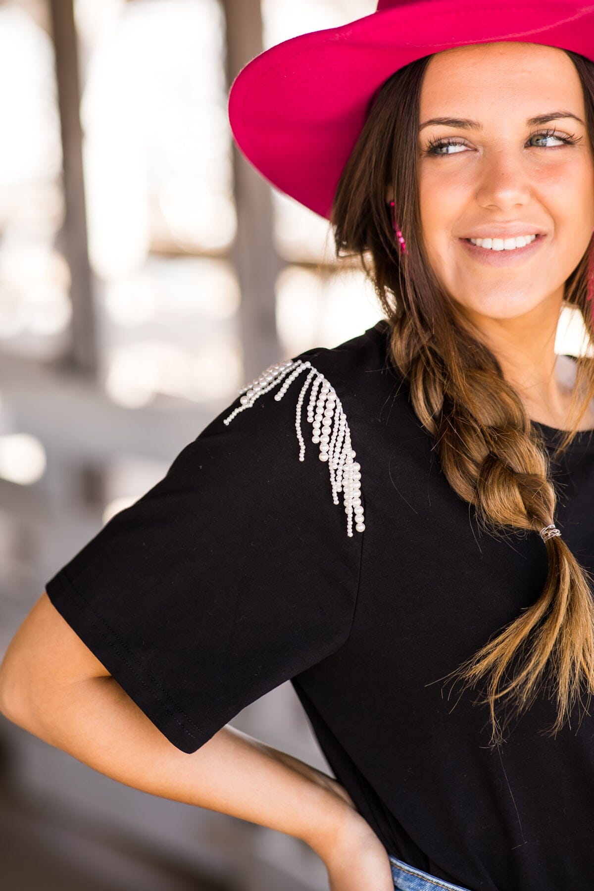 Black Short Sleeve Top With Beaded Fringe