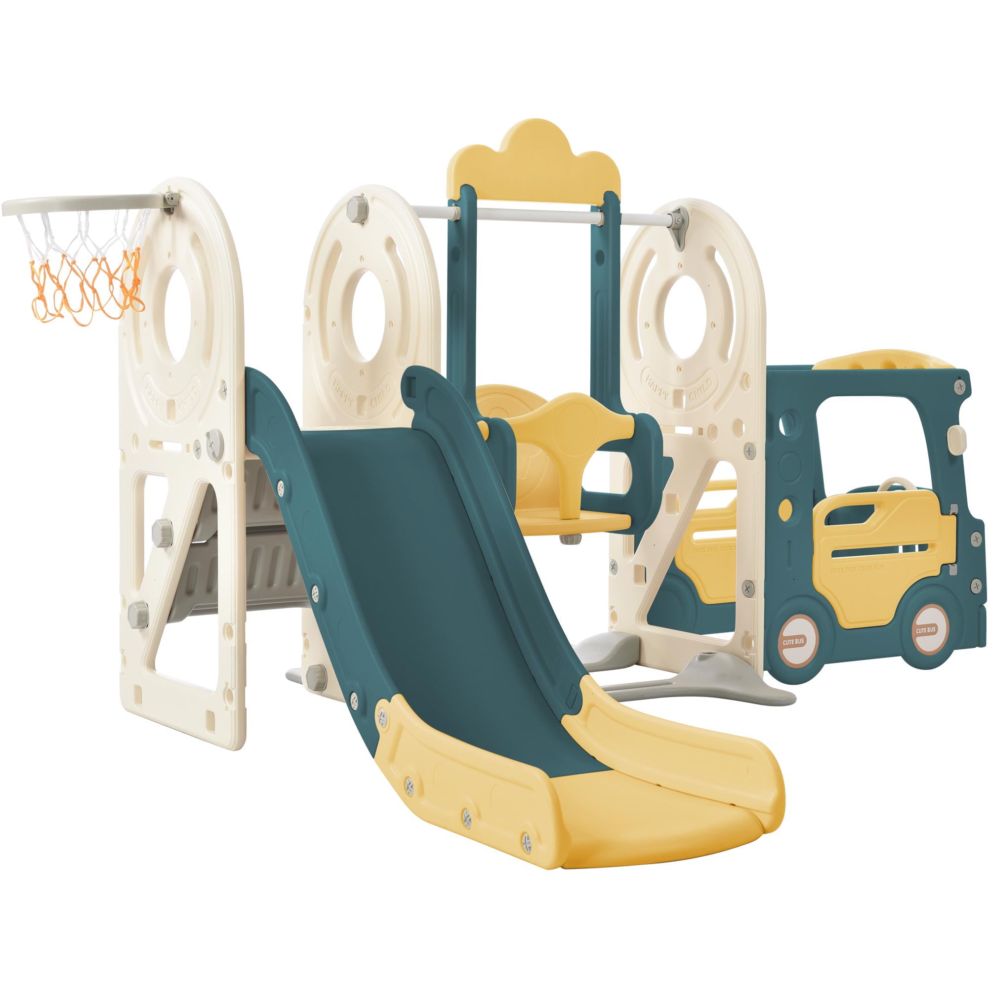 KUIKUI Kids Swing-N-Slide with Bus Play Structure， Freestanding Bus Toy with SlideandSwing for Toddlers， Bus Slide Set with Basketball Hoop