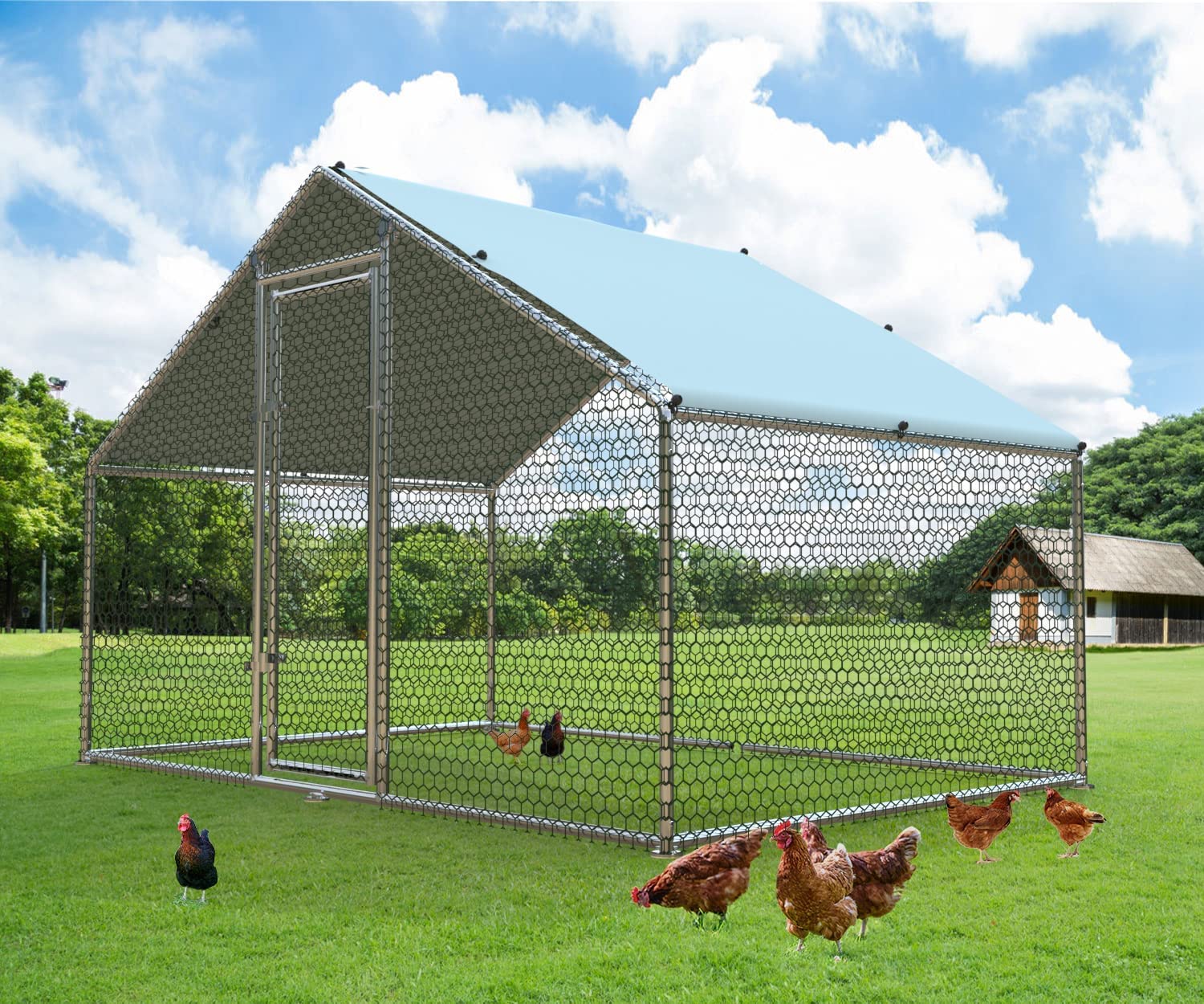 Large Metal Chicken Coop， Walk-in Chicken Runs for Yard with Waterproof Cover， Poultry Cage Chicken Run House Rabbits Habitat Cage， Flat Shaped Coops for Outdoor Backyard Farm Use， Silver