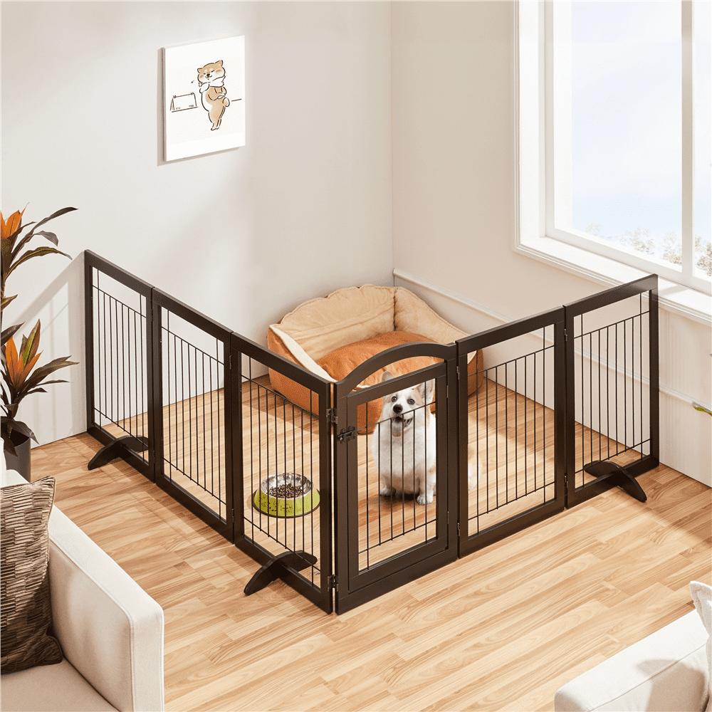 Yaheetech 32'' H 6-Panel Pet Gate with Wood and Wire， Espresso