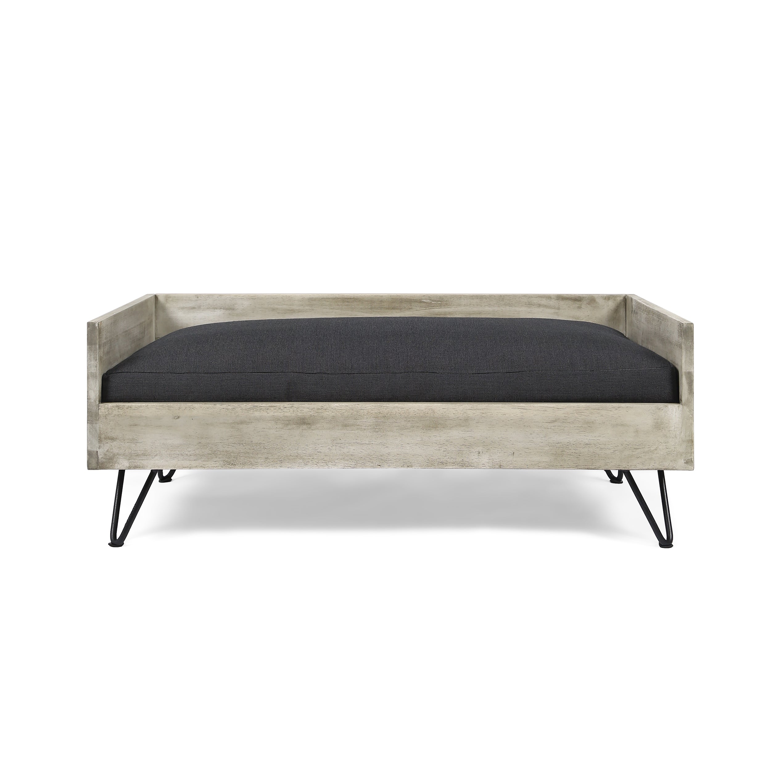 GDF Studio Cheval Mid Century Modern Acacia Wood Pet Bed with Cushion， Light Gray and Gray
