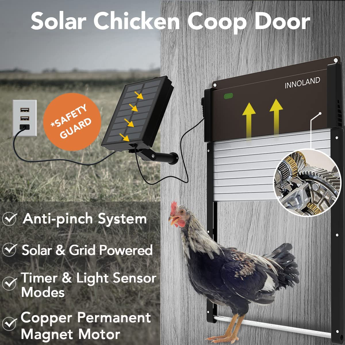 INNOLAND Automatic Chicken Coop Door Solar Powered， Aluminum Frame with Light-Weight AES Roller Shutter， Light Sensor， Daily Programmable Timer， Remote Control