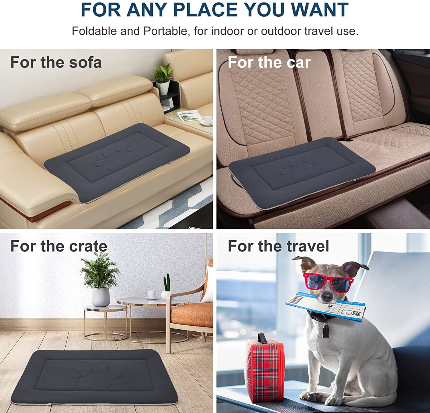 PROCIPE Dog Bed Crate Pad Mat Cute Paw Pet Beds Washable Mattress 42inch Dark Grey