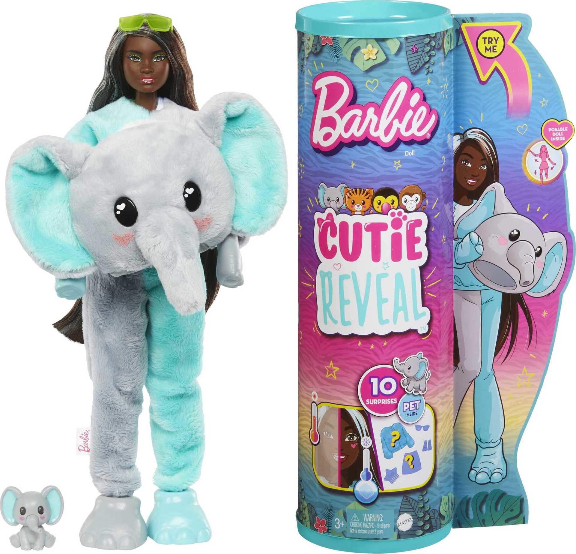 Barbie Cutie Reveal Jungle Series Fashion Doll with Elephant Plush Costume, Mini Pet & Accessories