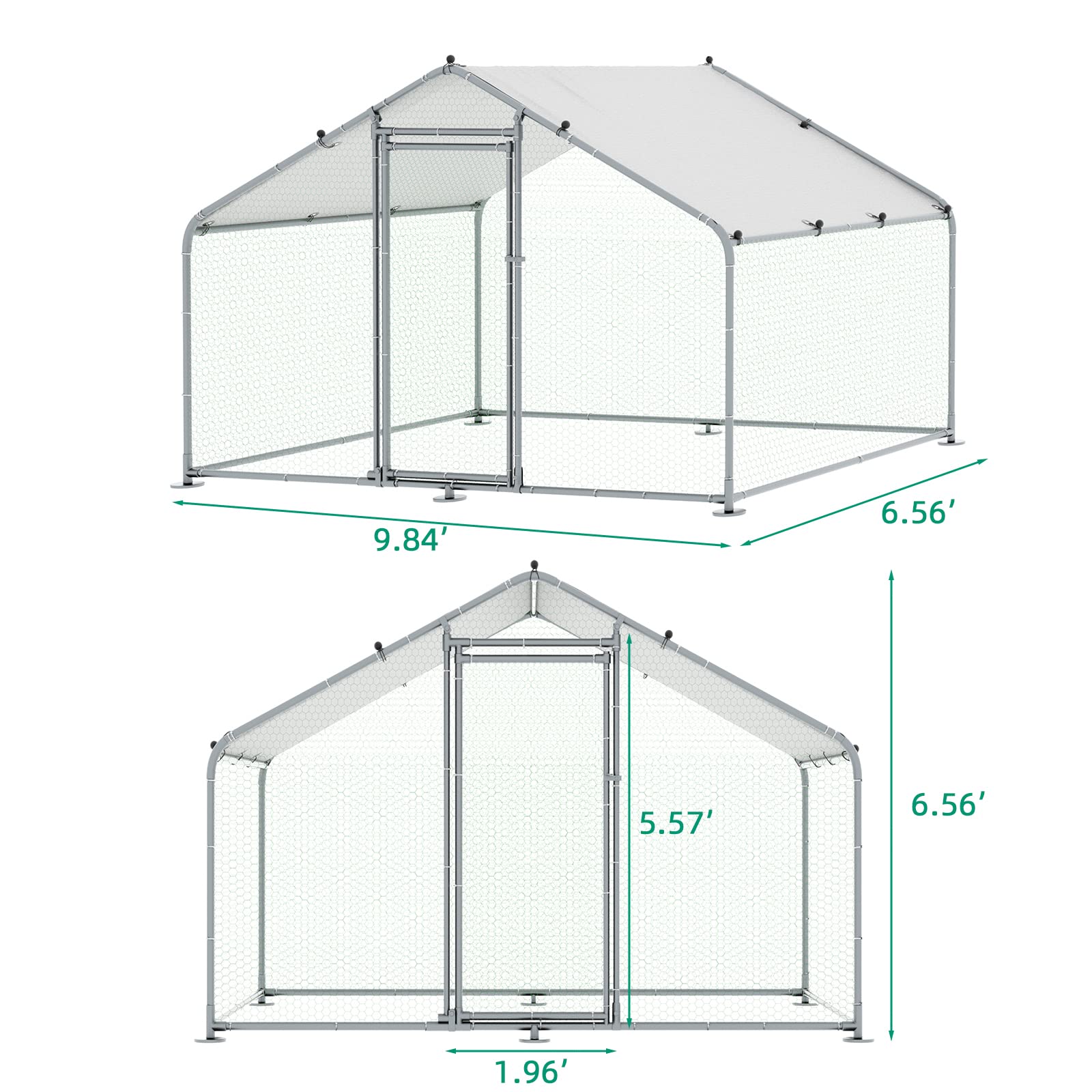 VIVIJASON Large Metal Chicken Coop Outdoor Walk-in Poultry Cage Hen Run House Rabbits Habitat Cages Spire Shaped Coop with Waterproof and Anti-UV Cover for Yard Farm (6.36' L x 9.64' W x 6.36' H)
