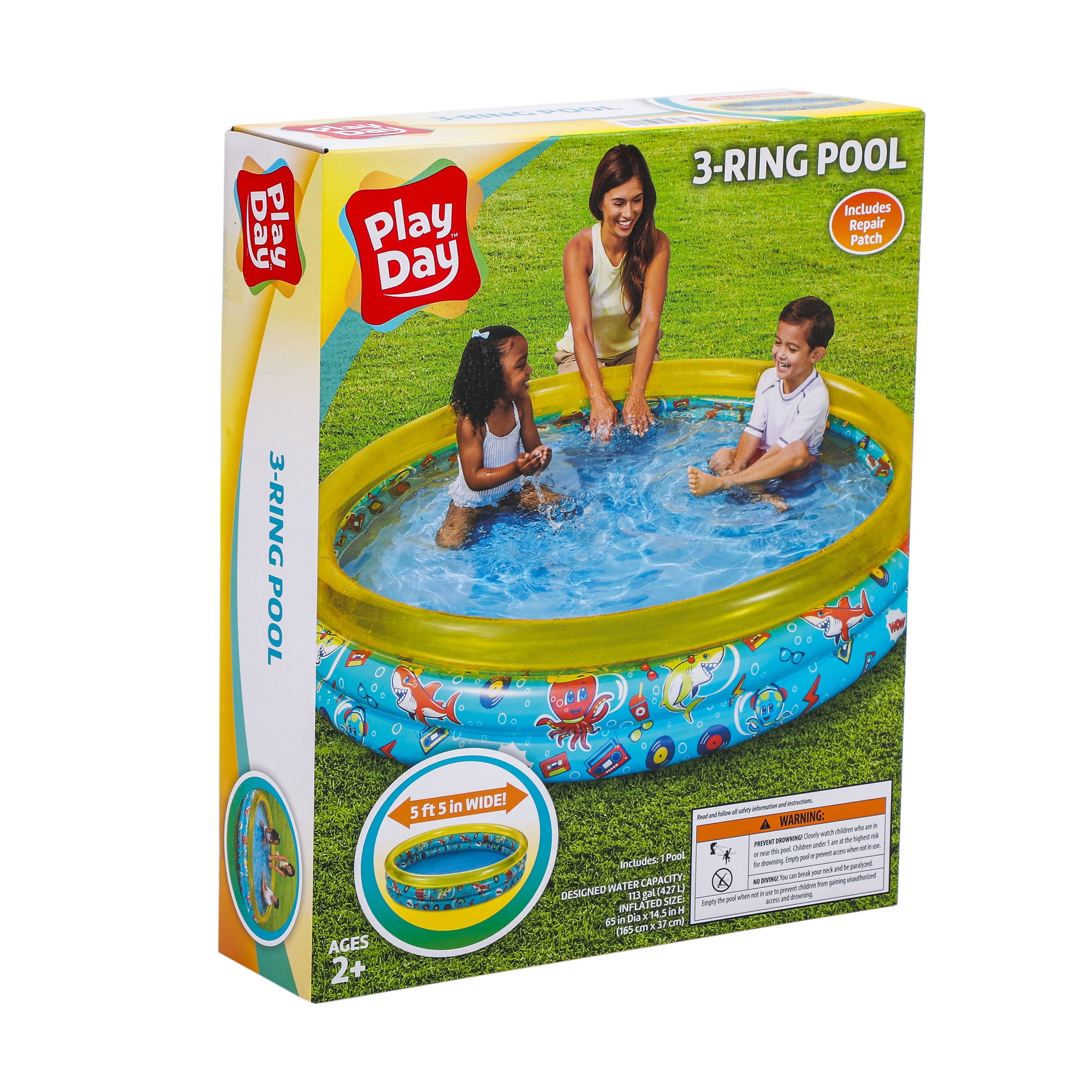Round Inflatable 3-Ring Kiddie Splash Play Pool， Yellow， For Kids， Age 2 and up， Unisex